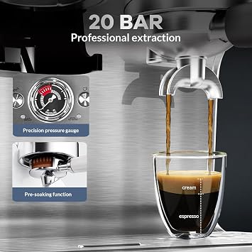 Espresso Machine with Grinder & Milk Frother, 20 Bar Professional Pressure & 95Oz Large Water Tank, Semi-Automatic Coffee Maker for Cappuccino/Latte/Macchiato, Design for Home Barista