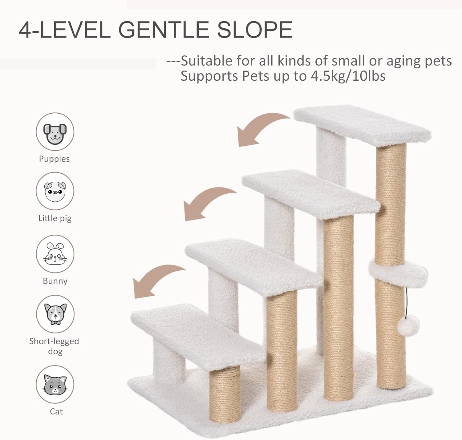 PawHut 4 Levels Cat Steps, Pet Stairs Carpeted Ladder, Kitten Tree Climber with Scratching Posts, Hanging Play Ball, Side Step, for High Bed, Sofa, White
