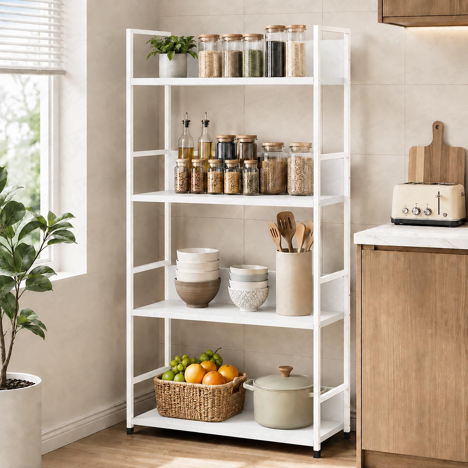 Lukzer 4-Tier Multipurpose Kitchen Organizer Rack (MMR-001/White & White) Metal Frame with Engineered Wood Storage Rack, Bookshelf Stand for Living Room, Bedroom & Kitchen (112 x 58.5 x 23.5 cm)-image-33