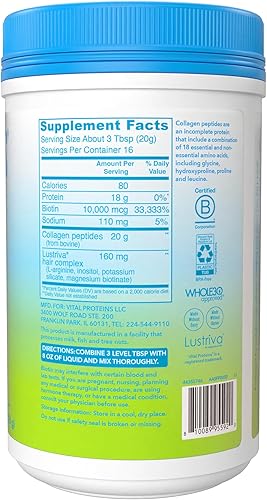 Miniatura 8 de Vital Proteins - Péptidos de colágeno + Biotina 10000mcg Complejo para el cabello, suplemento para el crecimiento del cabello - Lustriva