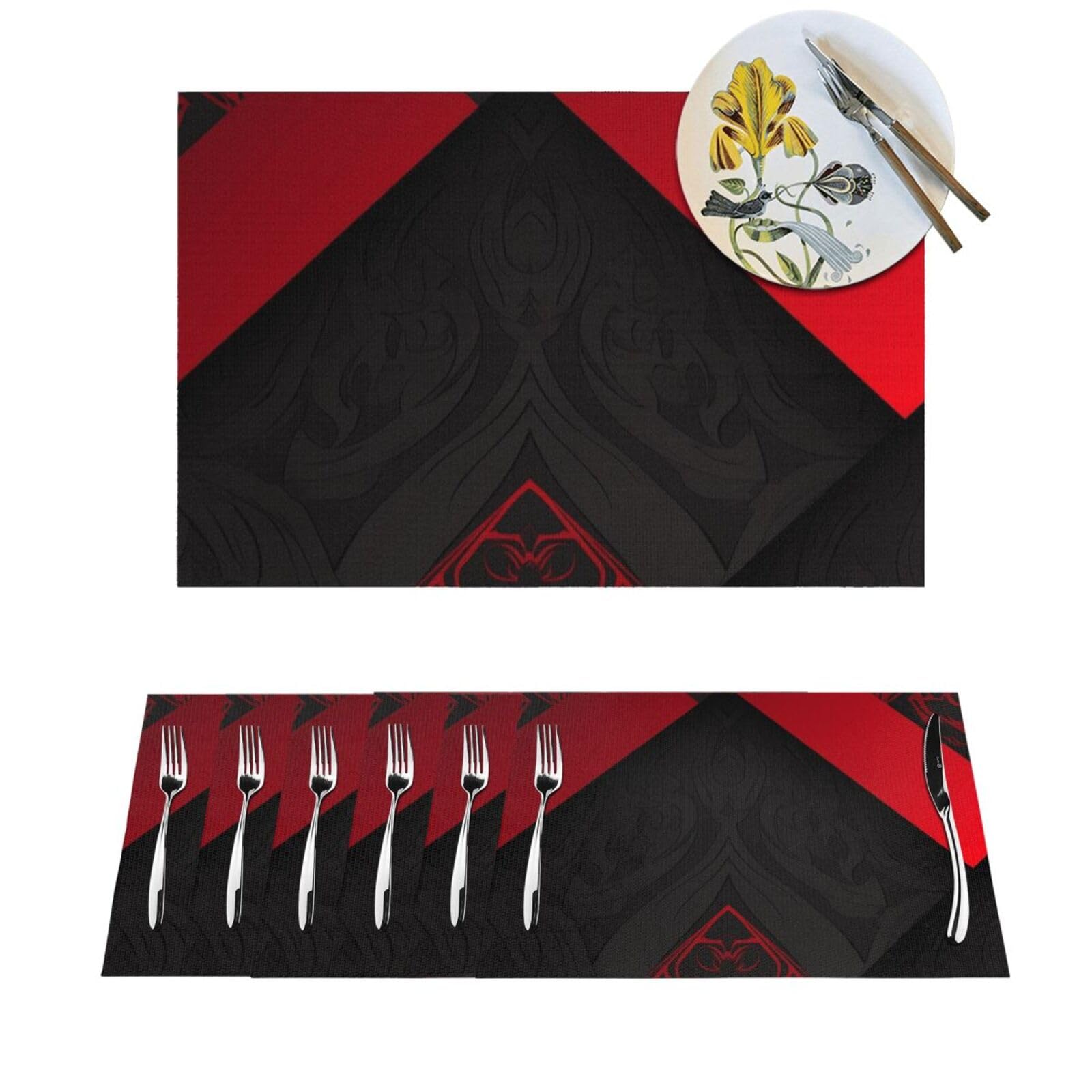 Sets de table tissés rouge et noir pour repas en intérieur et extérieur, lot de 4 en PVC
