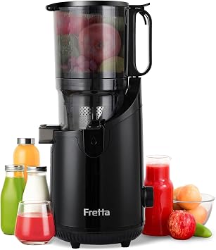Fretta Juicer with 13cm Wide Feed Opening, 1.8L Large Capacity, Slow Juicer, No Need for Fine Cuts, Easy to Attach, Cold Press Juicer, Pulp Separation, BPA-Free, Black