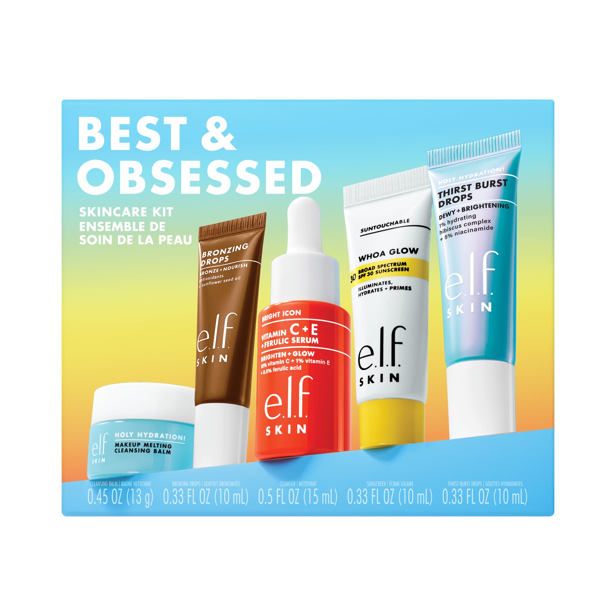 e.l.f. SKIN Best & Obsessed Skincare Kit, struccante da viaggio, protezione solare e sieri illuminanti per una pelle luminosa, vegano e cruelty-free