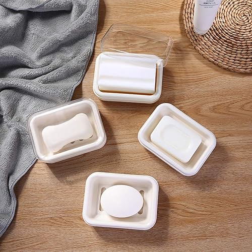 Miniatura 7 de Yardwe Bandeja de jabón de plástico con tapa transparente, soporte para jabón de drenaje para baño y cocina (beige blanco)