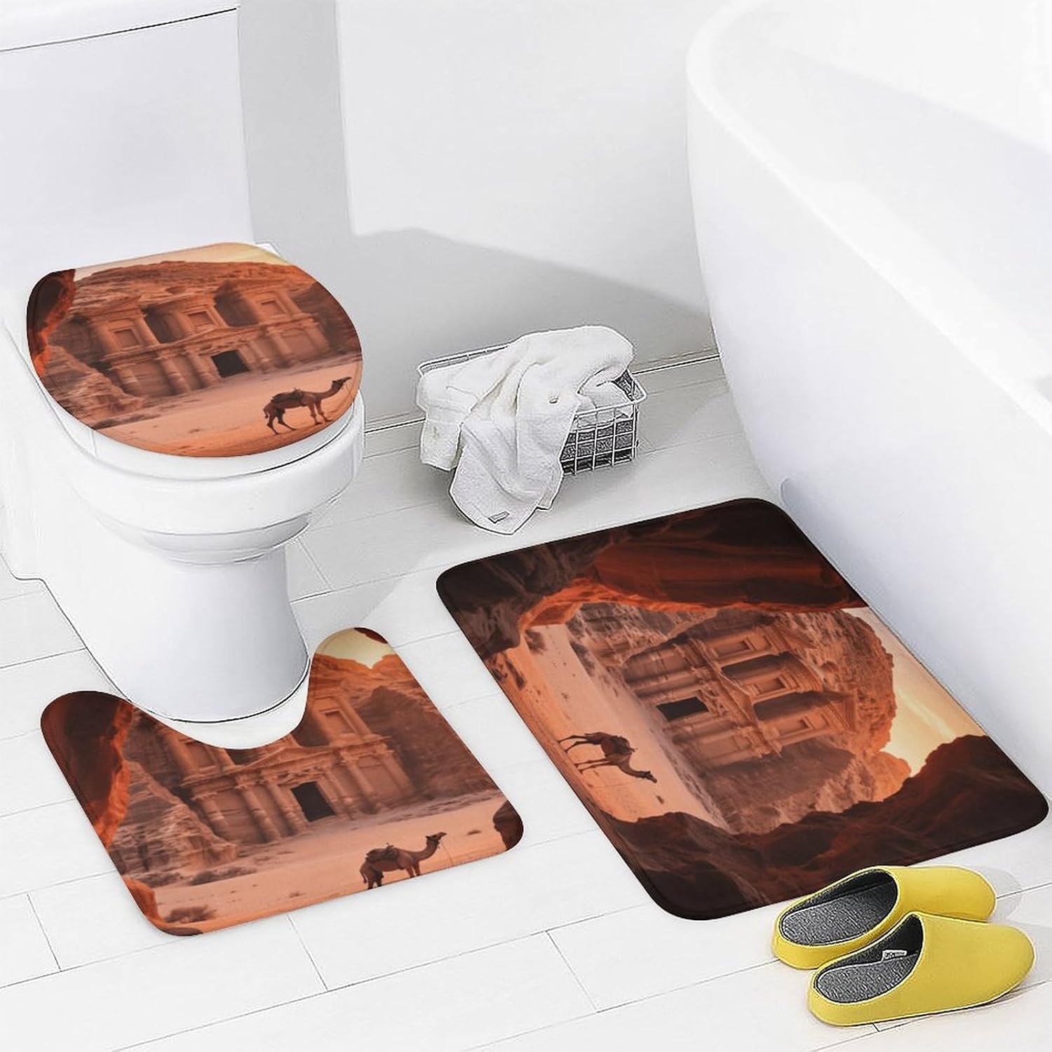 Ancient City Desert Afterglow Bath Rug Set 4 Piece,Bathroom Accessories Set-Toilet Rugs U Shaped,Toilet Lid Cover,Shower Curtain and Rugs,Ultra Soft, Absorbent,Home Decor