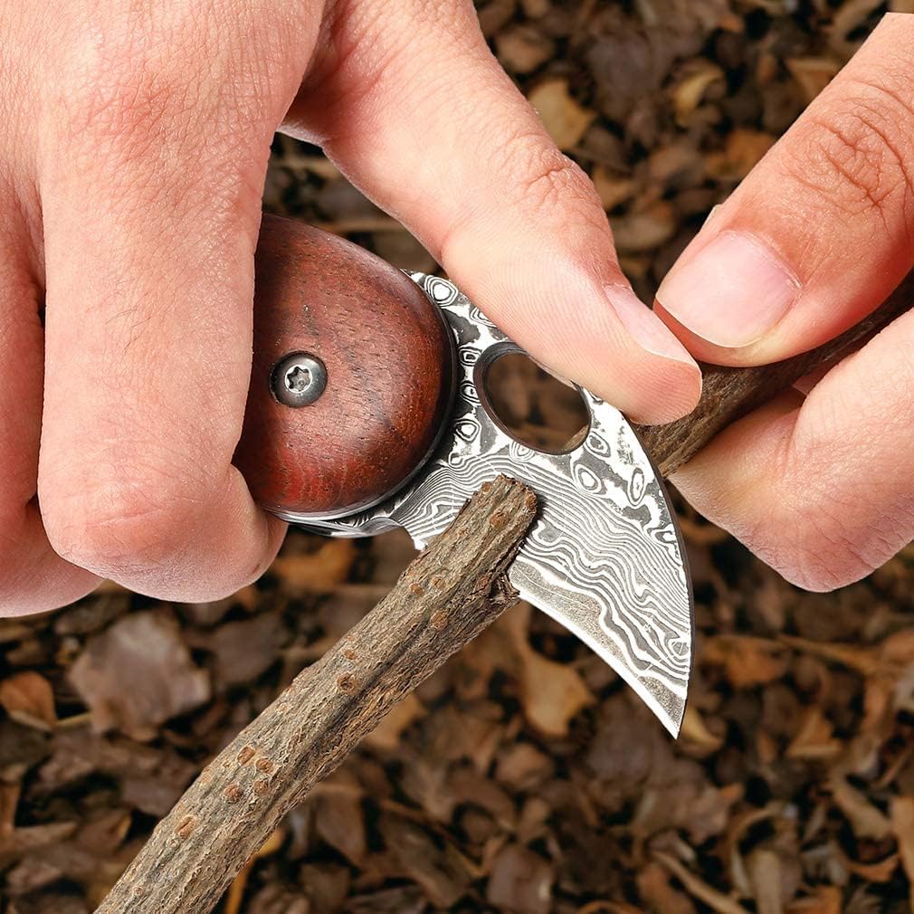 Damascus Pocket Knife, Small Folding Wood Handle EDC Knife, Blade Length: 2in