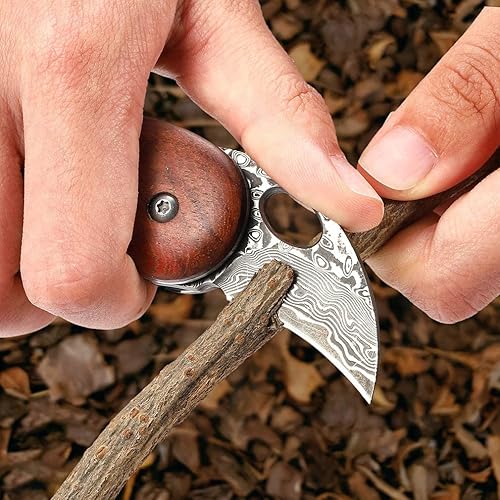 Miniatura 7 de EZKIT Cuchillo de bolsillo de Damasco, pequeño cuchillo EDC con mango de madera plegable, longitud de la hoja 2 pulgadas