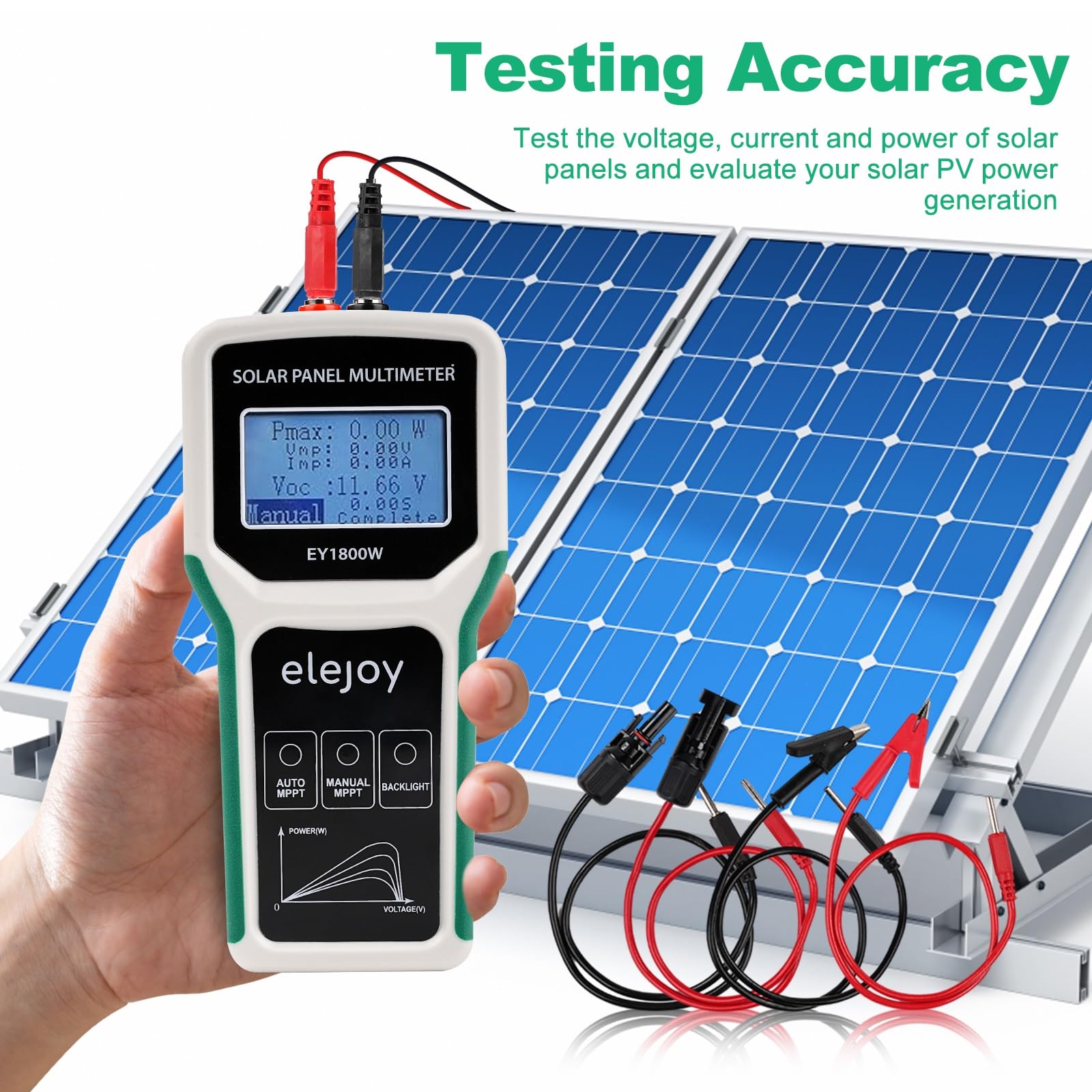 1800W Fotovoltaico Pannello Solare Tester MPPT, Multimetro Pannello Fotovoltaico Tester per Pannelli Solari con LCD Ultra Chiaro, Protezione da sovrapressione, sovratemperatura e sovracorrente
