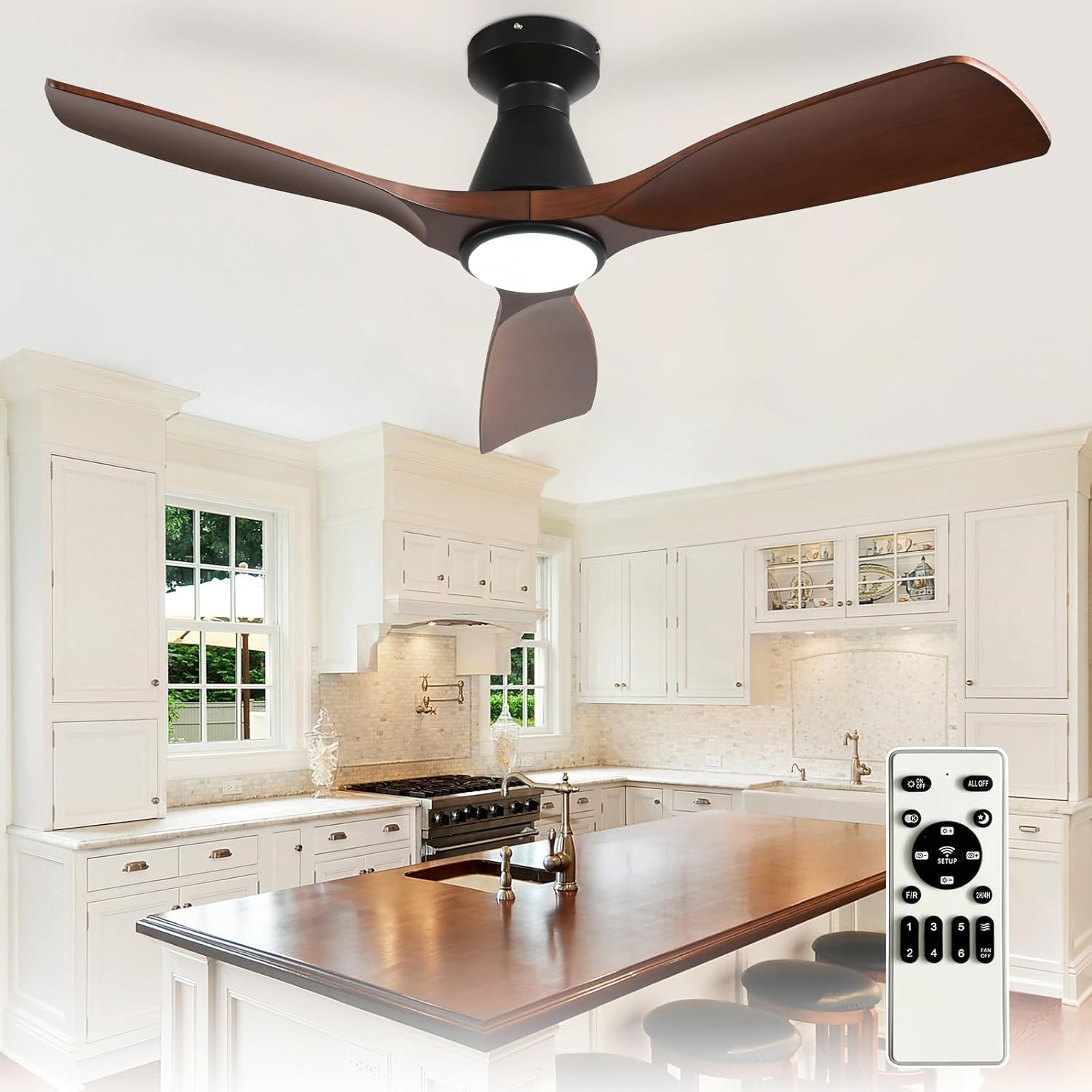 Depuley 42-Inch Ceiling Fans with Lights: Walnut 3 Blade Flush Mount Low Profile Ceiling Fan for Bedroom - Dimmable Outdoor Quiet DC Motor Fan with Remote Control Timer