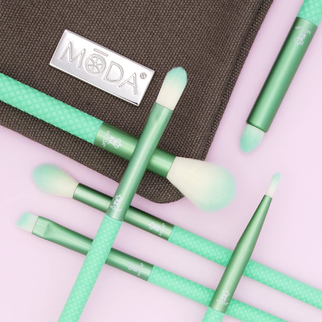MODA Renew 7pc Eye Makeup Brush Kit with Pouch – Includes Shadow, Crease, Smoky Eye, Brow & Liner Brushes – Mint Green, Vegan & Cruelty-Free