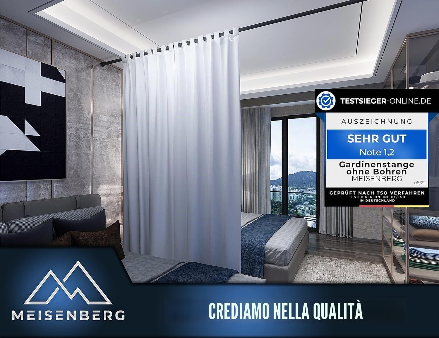 MEISENBERG - Asta per tende, senza praticare fori, 210-260 cm, diametro 32 mm, nero opaco, resistente, da infilare, asta telescopica, per tende, divisori e balconi