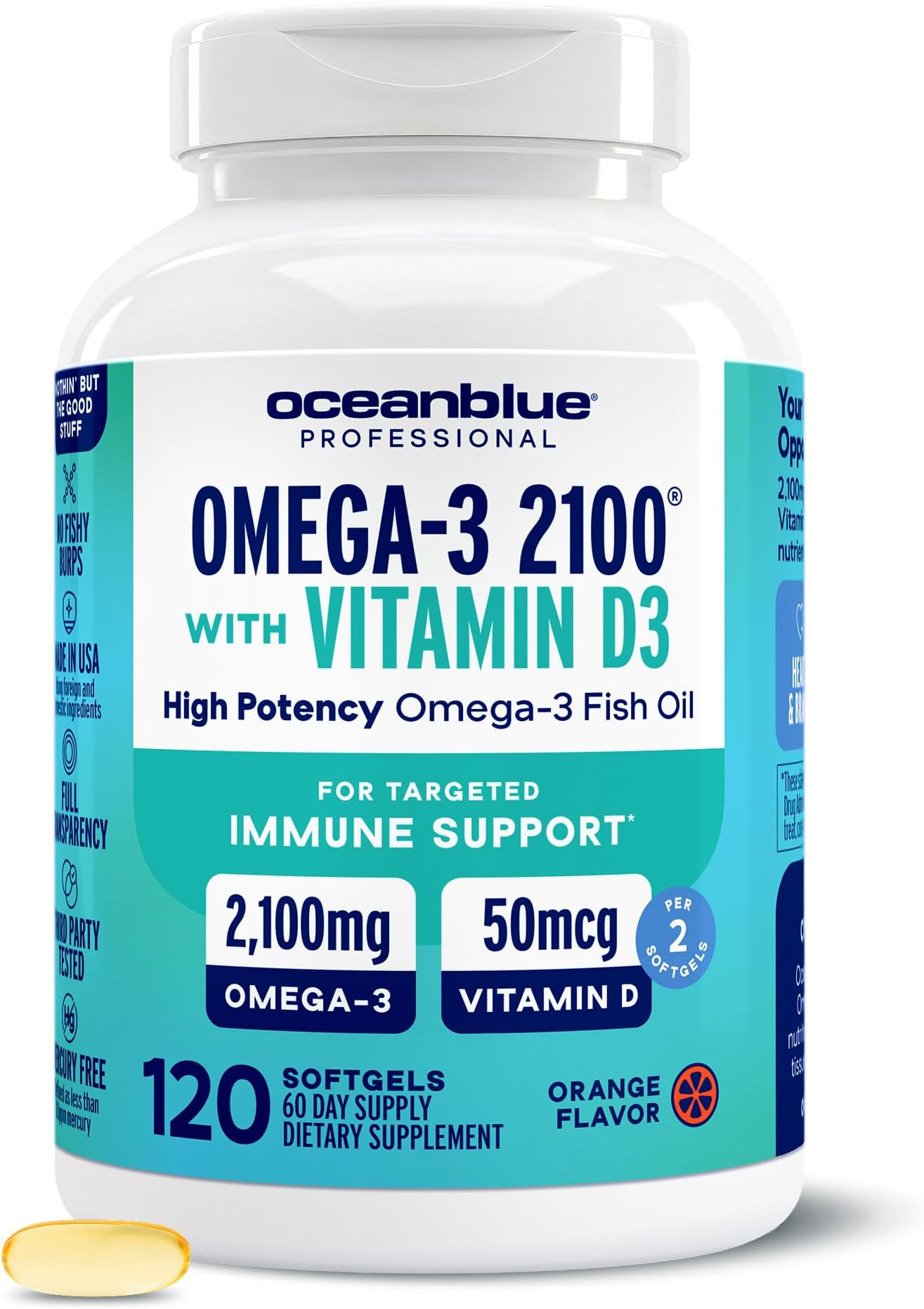 Oceanblue Professional Omega-3 2100 with Vitamin D3 – 120 ct – Triple Strength Burpless Fish Oil Supplement with High-Potency EPA, DHA, DPA and Vitamin D3 – Wild-Caught – Orange Flavor (60 Servings)