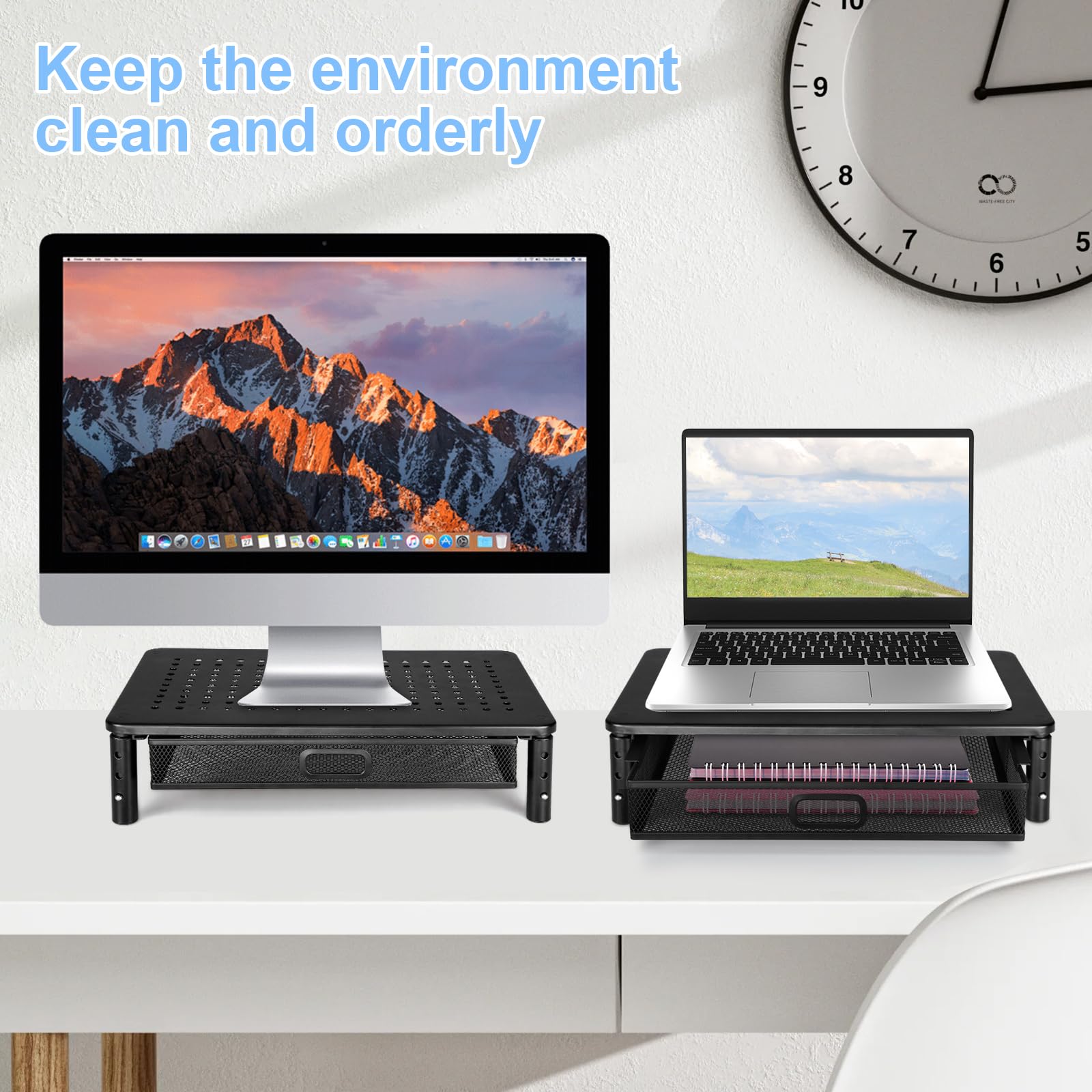 Rehausseur Ecran PC Bureau 3 Hauteurs Réglables avec Tiroir pour Moniteur | Multifonctionnel Support Moniteur, Pour Moniteur PC, Pour Ordinateur Portable