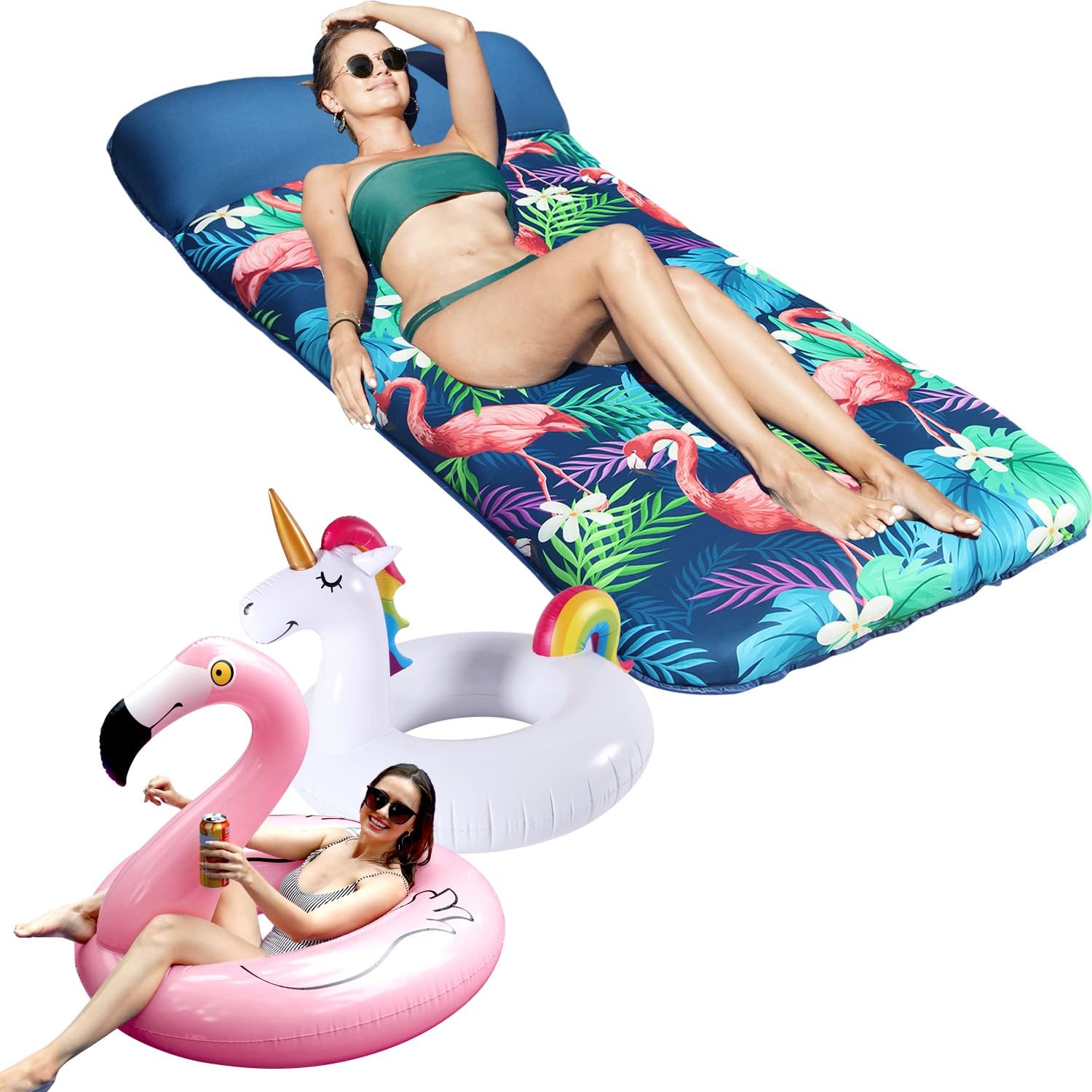 FindUWill 2 Pack 42'' Inflatable Pool Floats Flamingo Unicorn Swim Tube Rings and Oversized Pool Floats Adults - 72" Large Fabric Covered Pool Floaties Raft for Adults