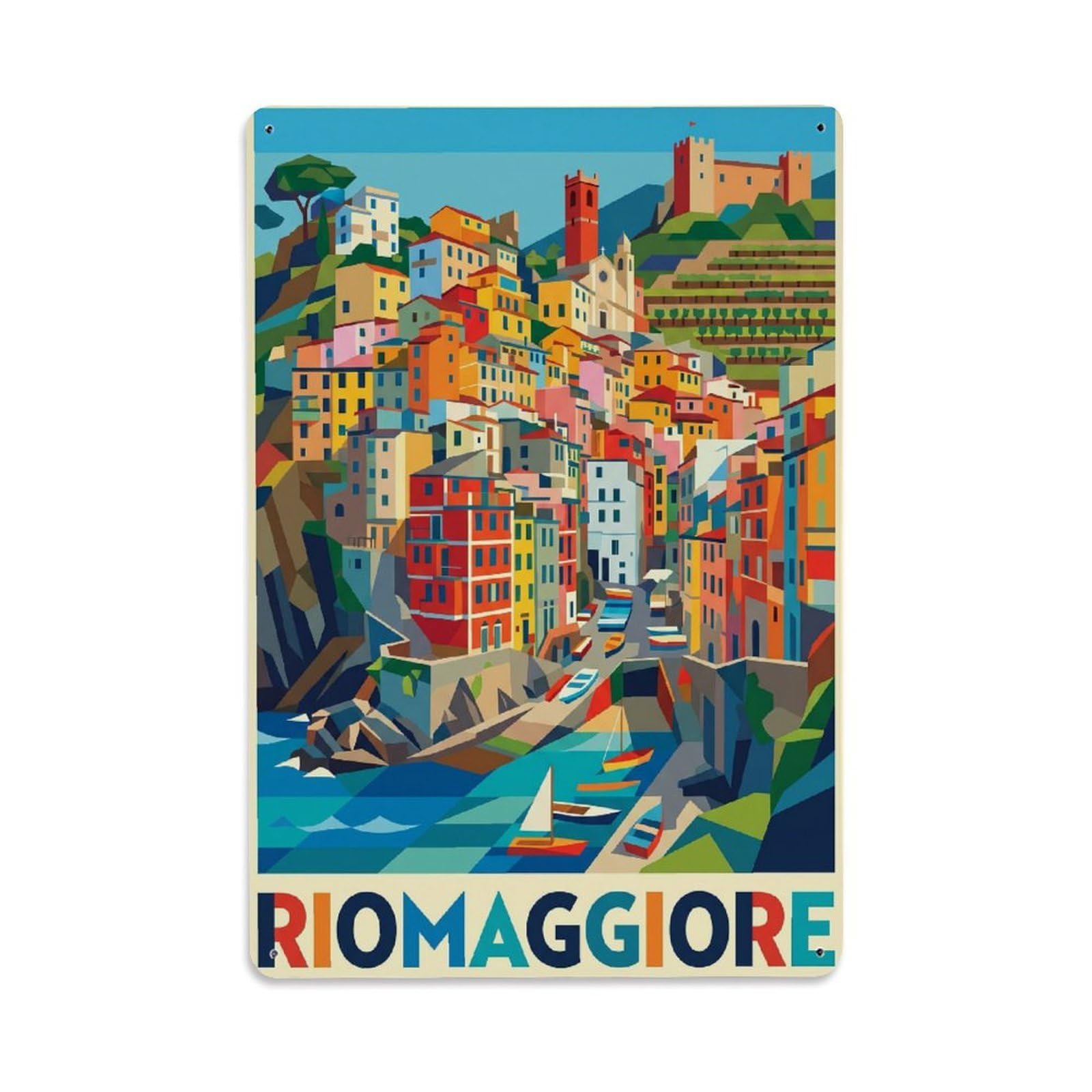 Huiyhb 8X12inch(20X30cm) Vintage Travel Riomaggiore Italy Geometric Metal Tin Sign