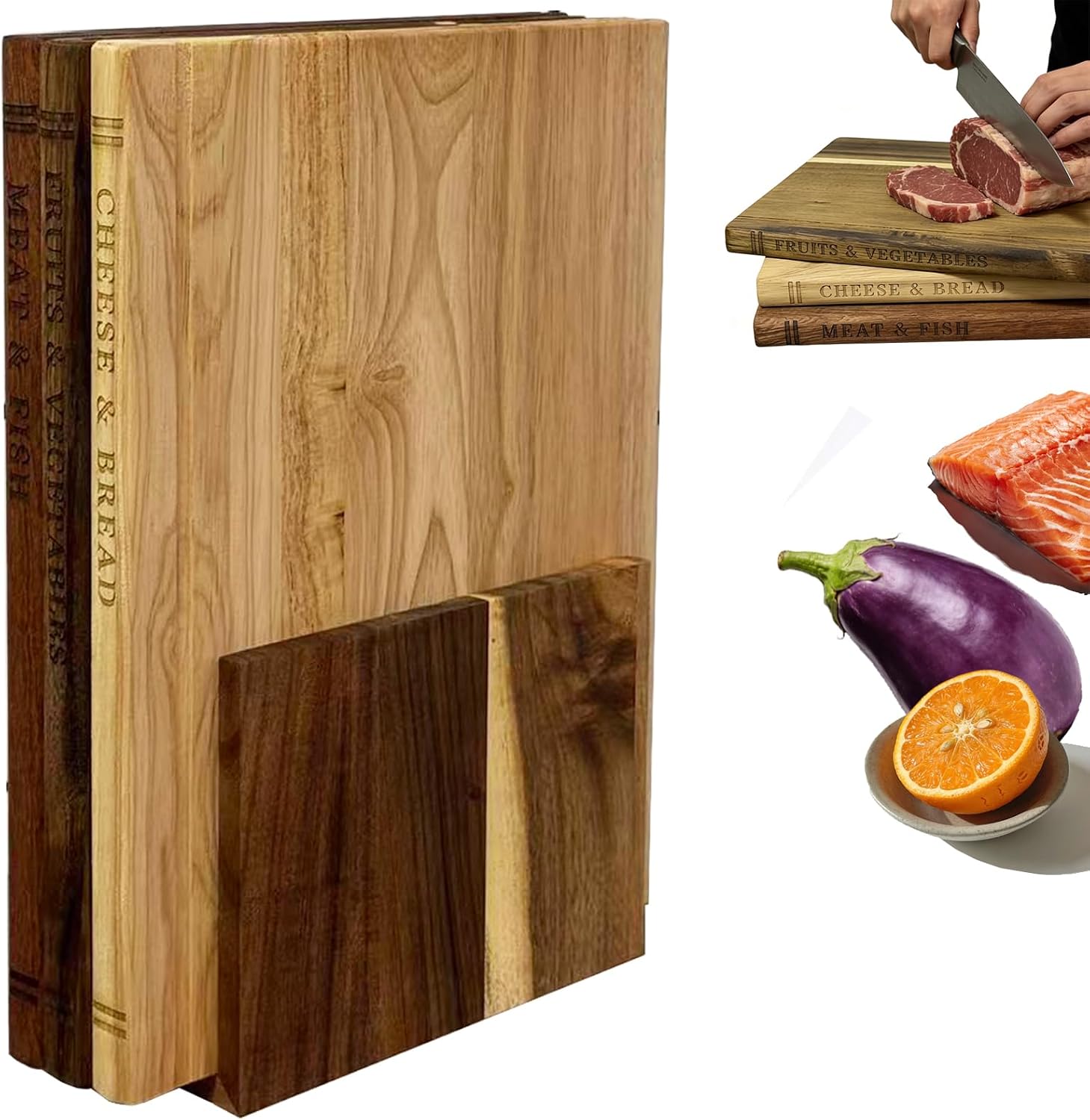 Book Cutting Board Set with Stand, 3-Piece Wooden Kitchen Cheese Board Set, Charcuterie Board with Display Stand for Home Decor, Housewarming Gift