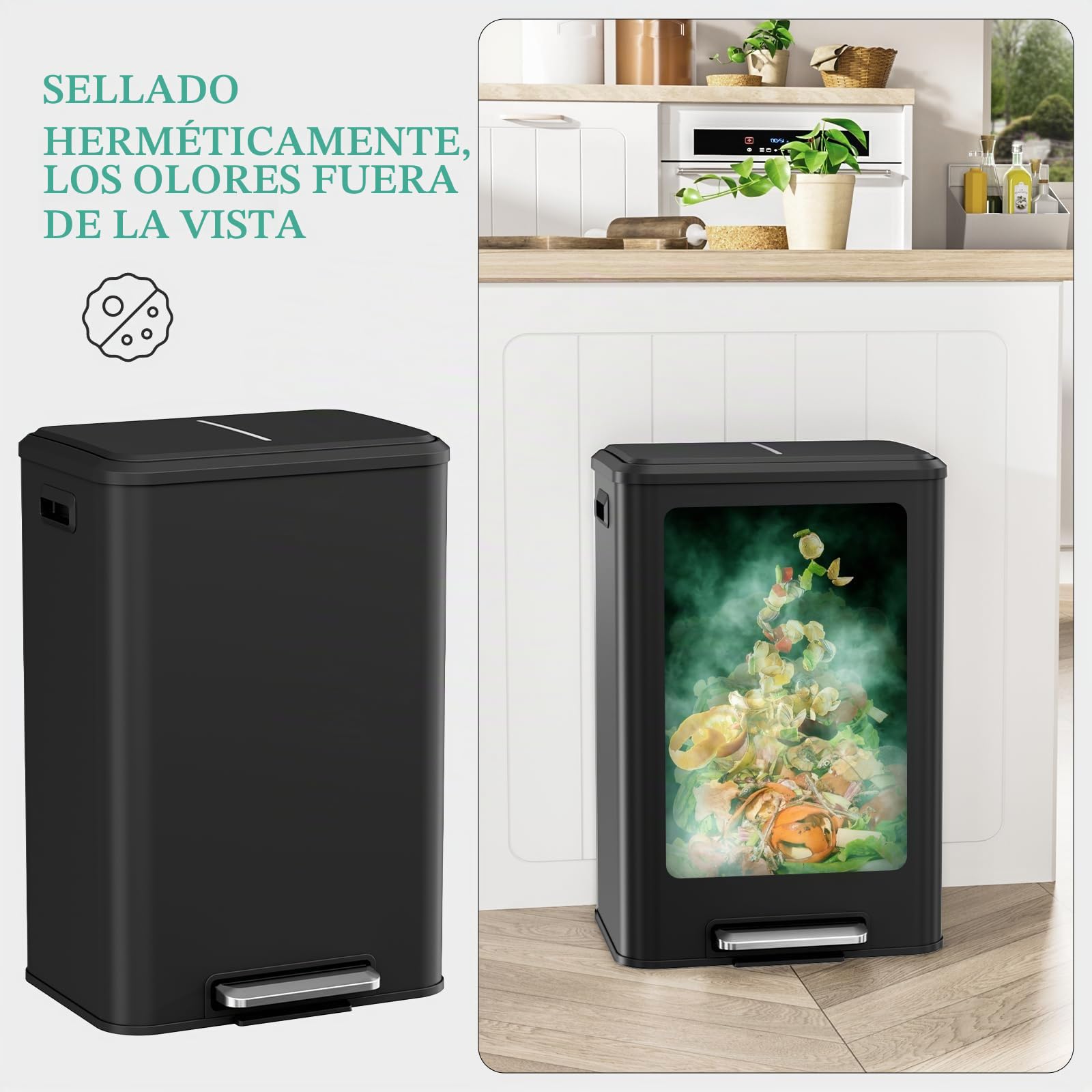 LIFERUN Cubo de basura para cocina 40l, cubo de basura con cubo interior, con tapa de cierre suave, cubo de basura con pedal, de acero, pedal para oficina, familia grande, negro