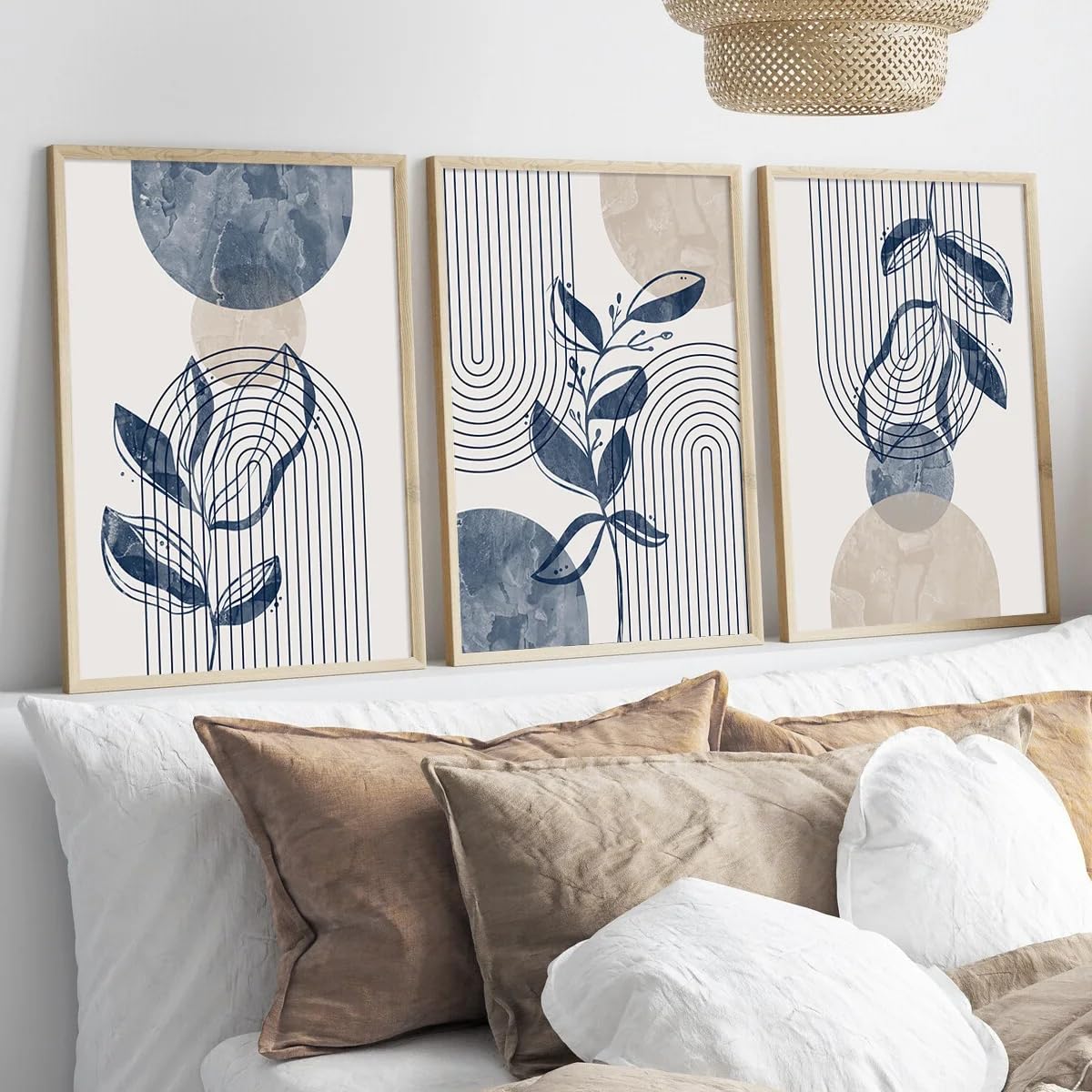 ZBELLO Set of 3 Bohemian Navy Blue & Beige Abstract Geometric Plant Wall Art Prints – Modern Botanical Poster Set, Boho Medieval Inspired Decor for Bedroom, Living Room & Hallway (30×40 cm)