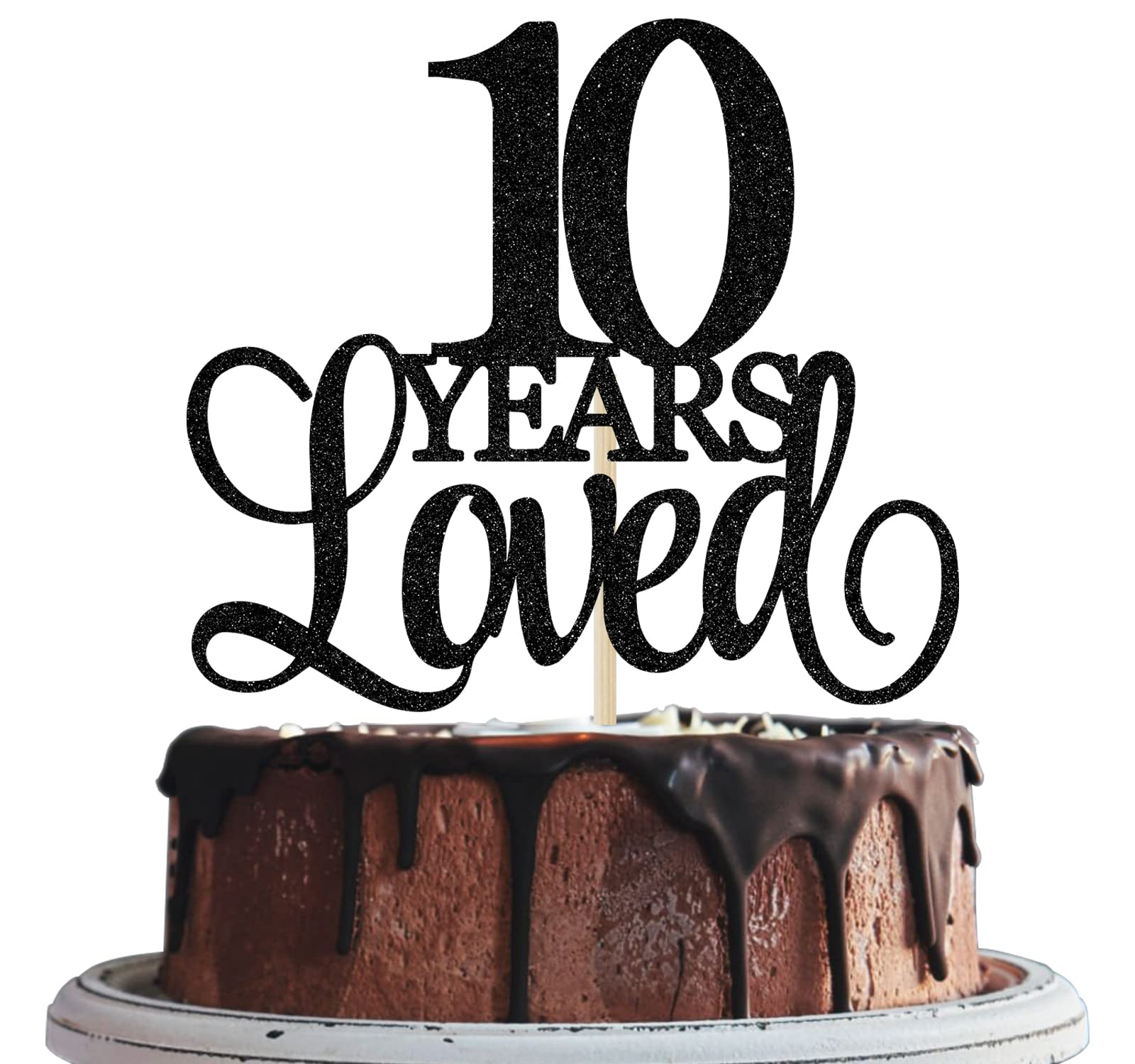 10 Years Loved Cake Topper, 10th Birthday Cake Topper, 10th Wedding Anniversary Cake Topper, 10th Themed Party Favor Supplies Black Glitter