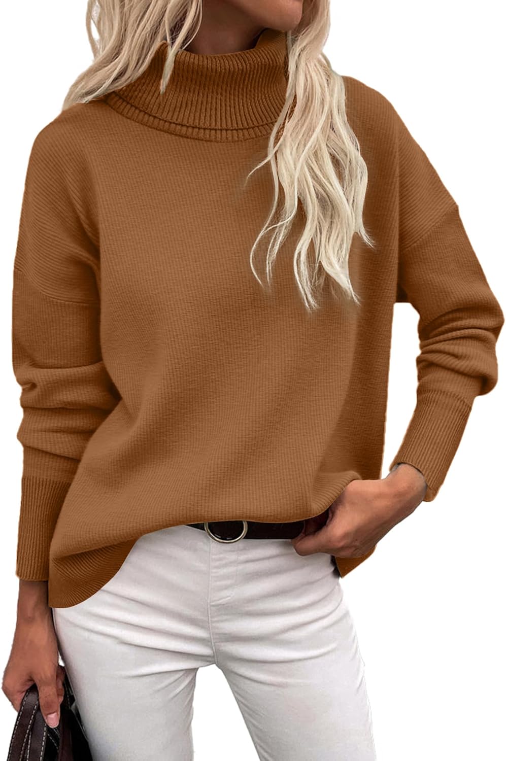 Zeagoo Women's Turtleneck Sweater 2025 Fall Winter Chunky Knitted Pullover High Low Hem Trendy Basic Jumper Top Brown X-Large