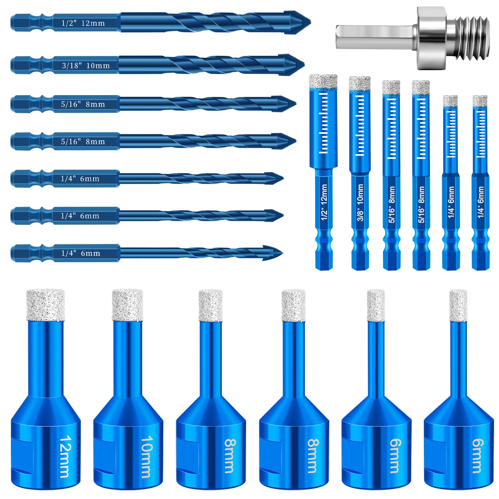 Juego de 20 brocas de diamante para azulejos, 6 brocas para azulejos de 6/8/10/12 mm + 1 abridor de agujeros de 6 mm, 6 unidades M6/M14 6/8/10/12 mm, adaptador 1 M8, para mármol, baldosas de cerámica