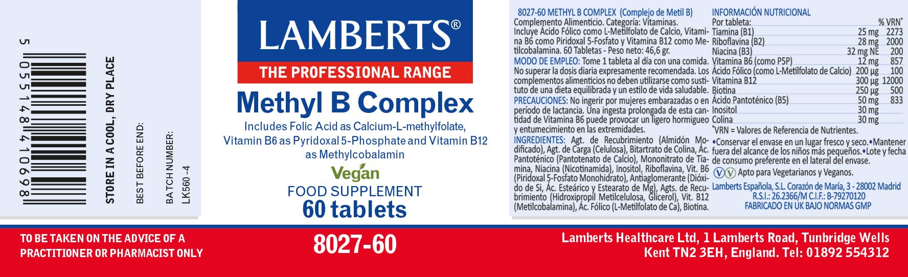 Pack x2 | Lamberts Methyl B Complex, Complejo B Avanzado, Vegetariano y Vegano, Con Metilfolato y P5P, Para Sistema Inmune y Función Psicológica | 60 Tabletas | LAMBERTS