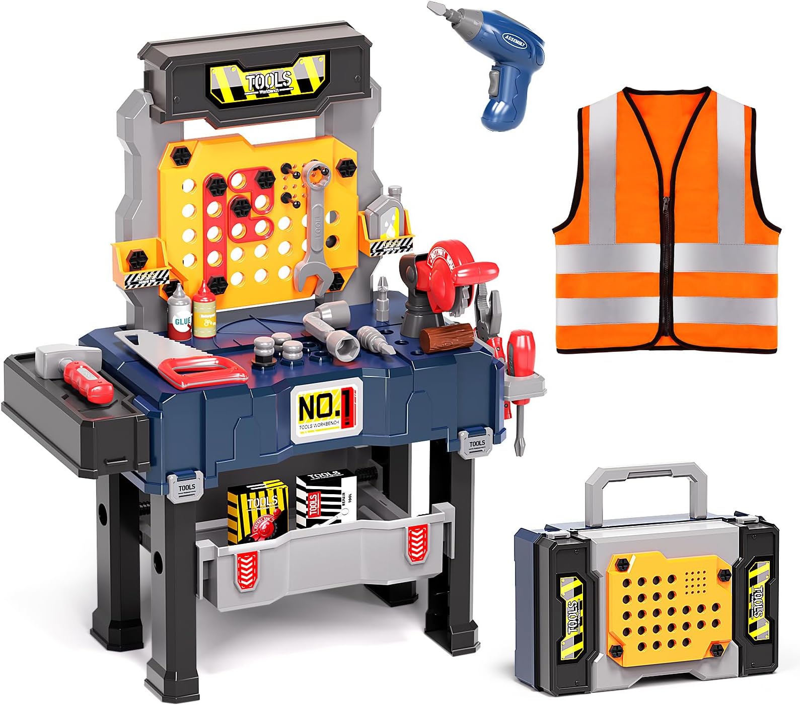 Deejoy Kids Tool Bench with Electric Drill and Engineer Vest, 3-in-1 Toddler Workbench and Costume Set, Construction Toys for Boys 3-5, Engineering Role Play Kit for Toddlers Age 3 4 5 6