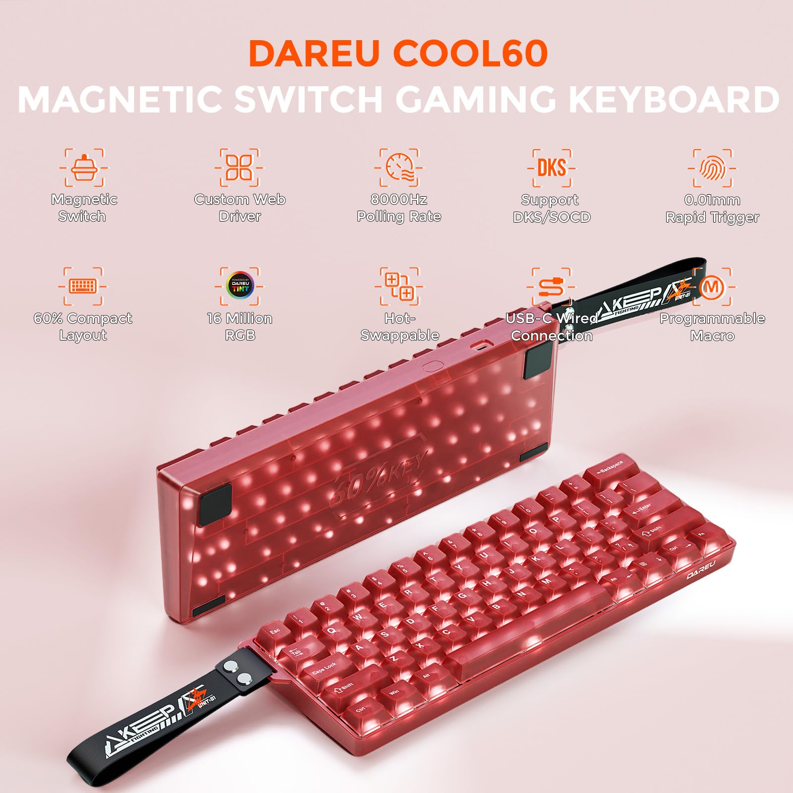 DAREU COOL60 tastiera gaming magnetica 8K Hz Rapid Trigger, tastiera cablata al 60% con tasti trasparenti, 15 modalità RGB, precisione RT di 0,01 mm, azionamento regolabile, per PC/Mac (rossa)
