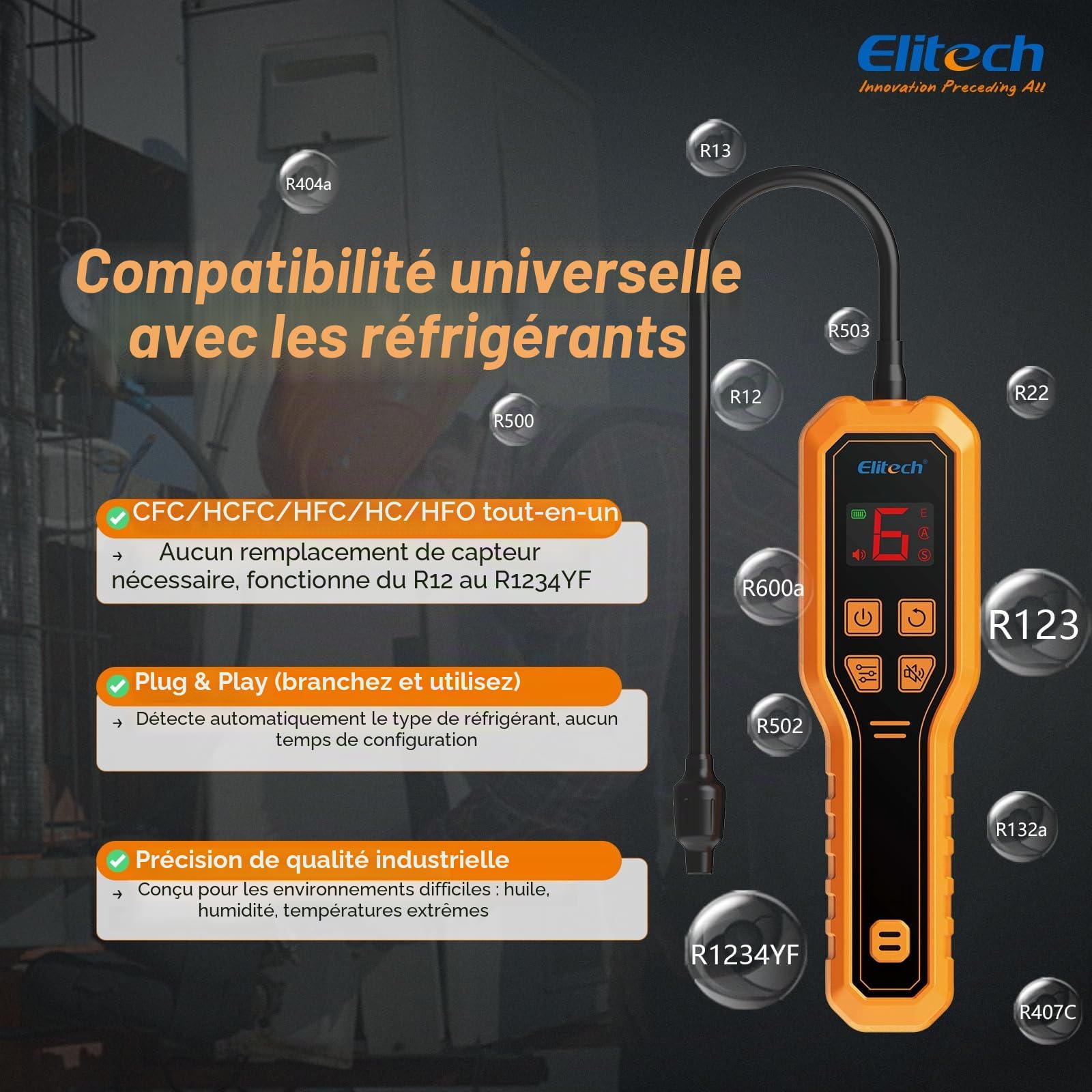 Elitech Détecteur de Fuite Frigorigène Réfrigérant à Diode R32 R134a R1234yf Détecteur de Gaz HVAC pour Réfrigérateurs Climatiseurs Automobile Pompes à Chaleur, ELD-210