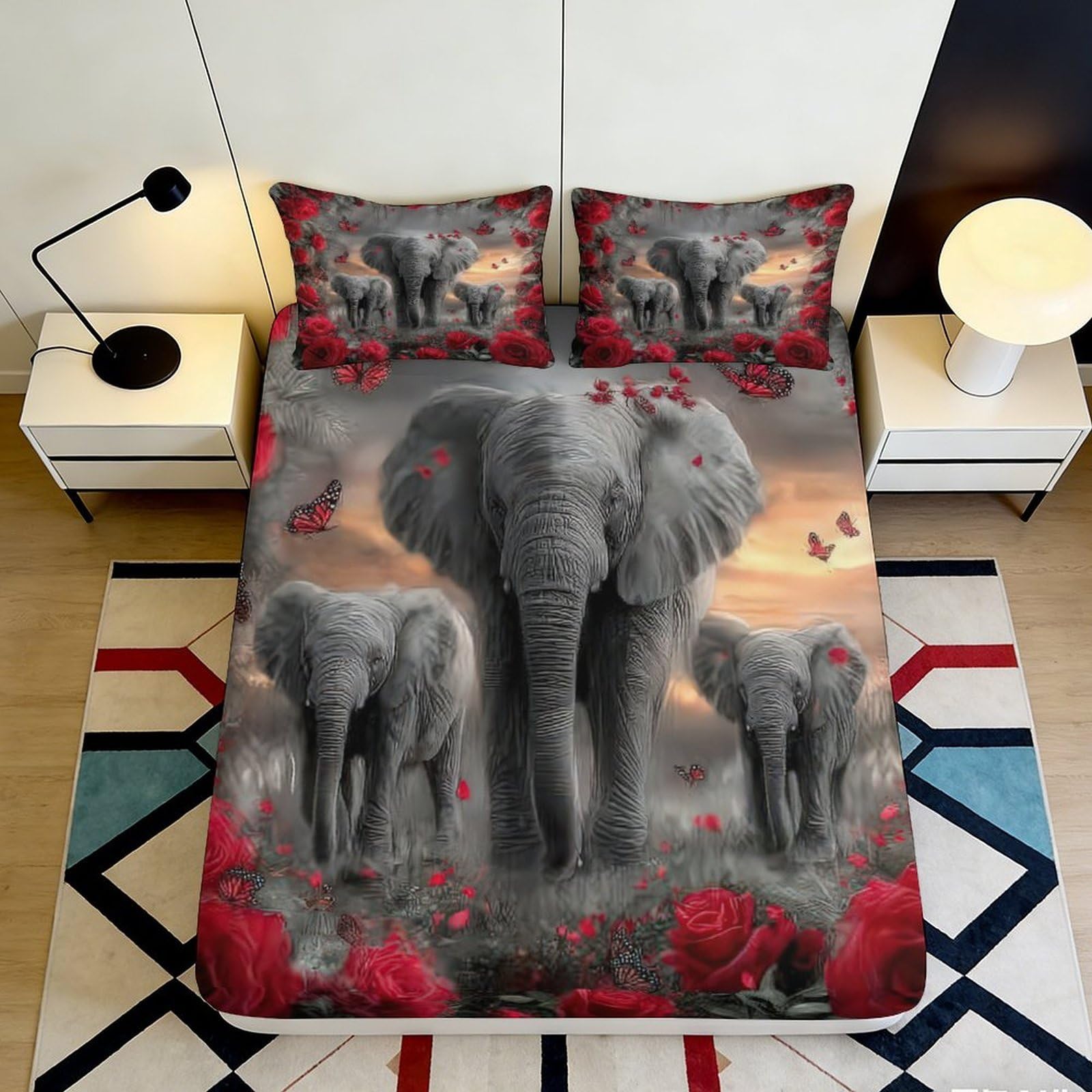 3D Printed Elephant Pattern Fitted Sheet Microfiber Deep Pocket Non-Slip Bedroom Bedding Elephant Mattress Fitted Cover for Adults Teens 180x200x25cm