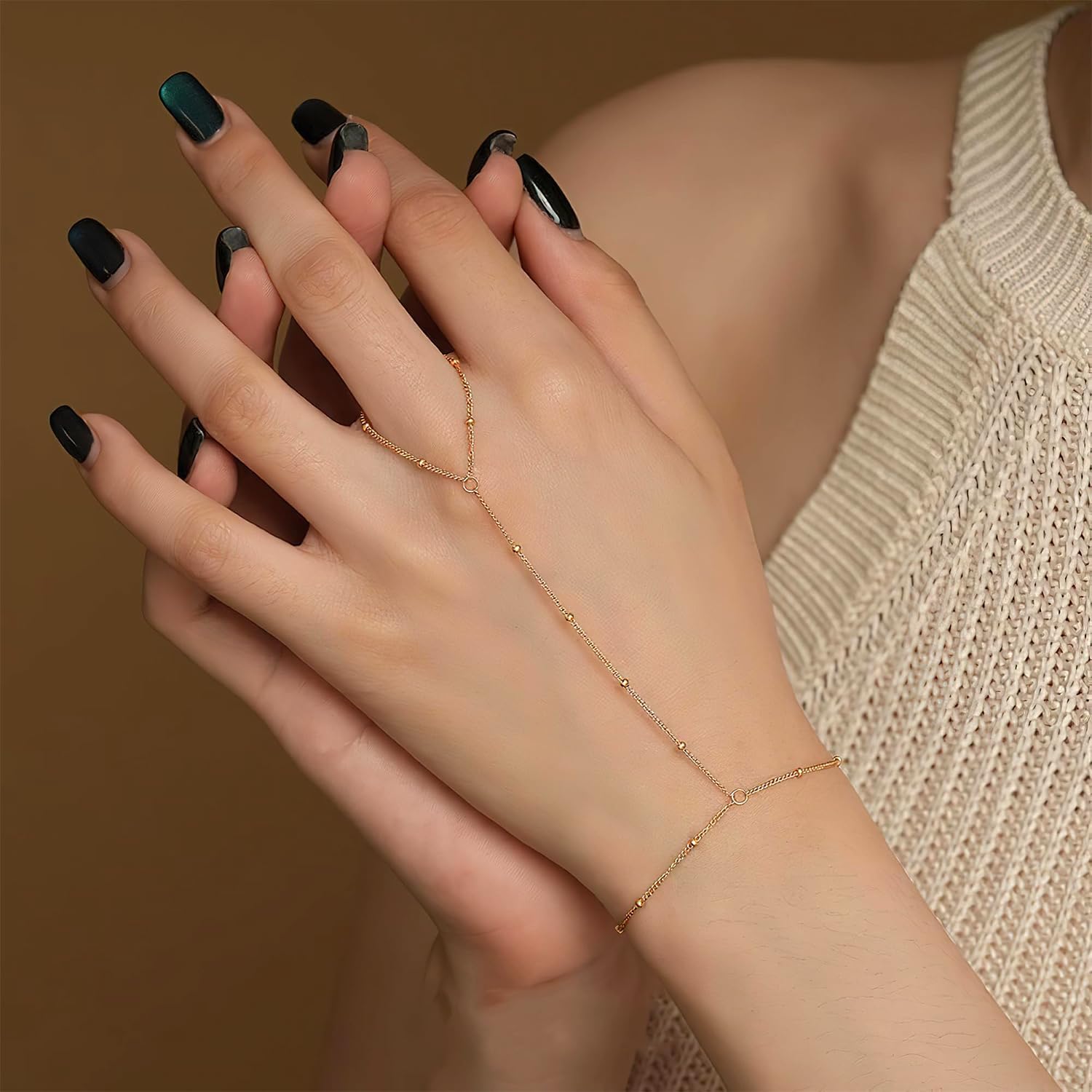 Hand Chain Bracelets for Women 14K Gold Plated Stainless Steel Link Dainty Non Tarnish Finger Bracelets Ring Hand Chain Hand Jewelry Gifts for Women Trendy Stackable Charm Ring Bracelet - Image 4