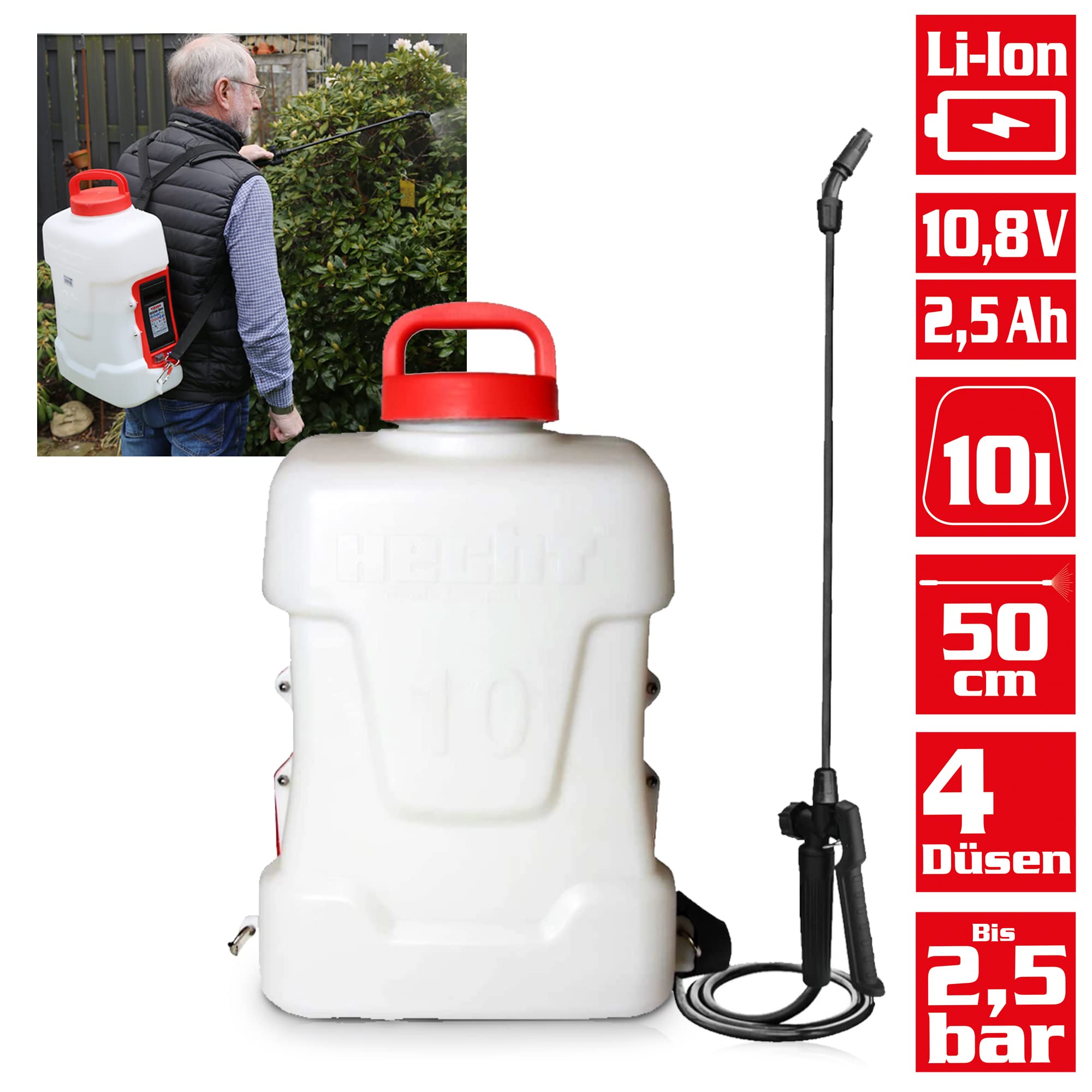 HECHT Akku Drucksprüher 10 L – Rückenspritze mit Ladegerät | Sprühgerät mit 2,5 Ah Lithium-Ionen Akku, 4 Düsen, Schultergurt, 2,5 bar Arbeitsdruck und 50 cm Lanze