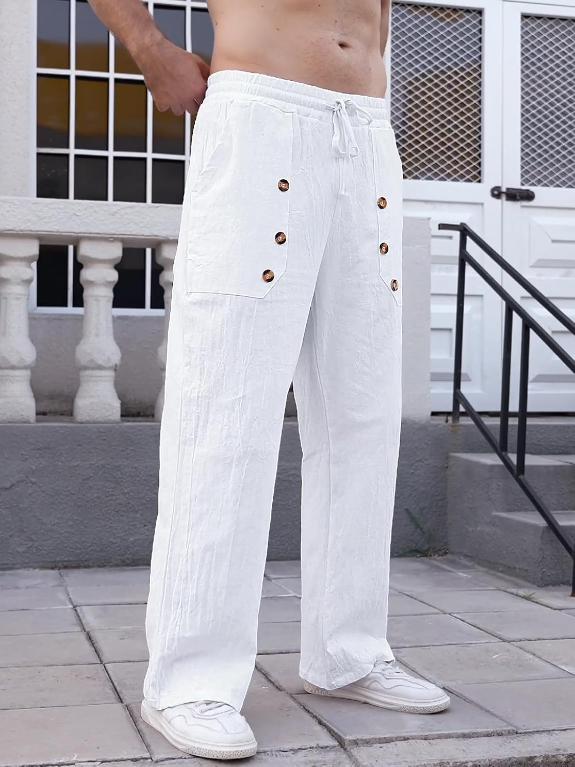 Mens Linen Pants Casual Summer Vacation Baggy Beach Pants Buttoned Elastic Waist Drawstring Yoga Trousers with Pockets