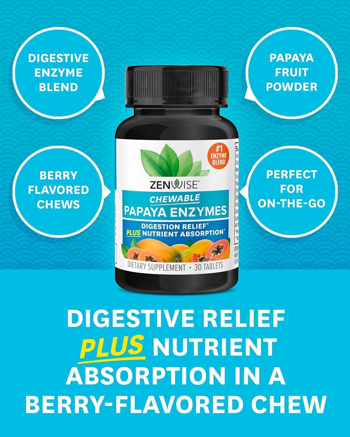 Zenwise Health Papaya Digestive Enzymes with Bromelain for Digestive Health and Bloating Relief for Women and Men, Chewable Enzymes for Digestion and Gut Health - 30 Count