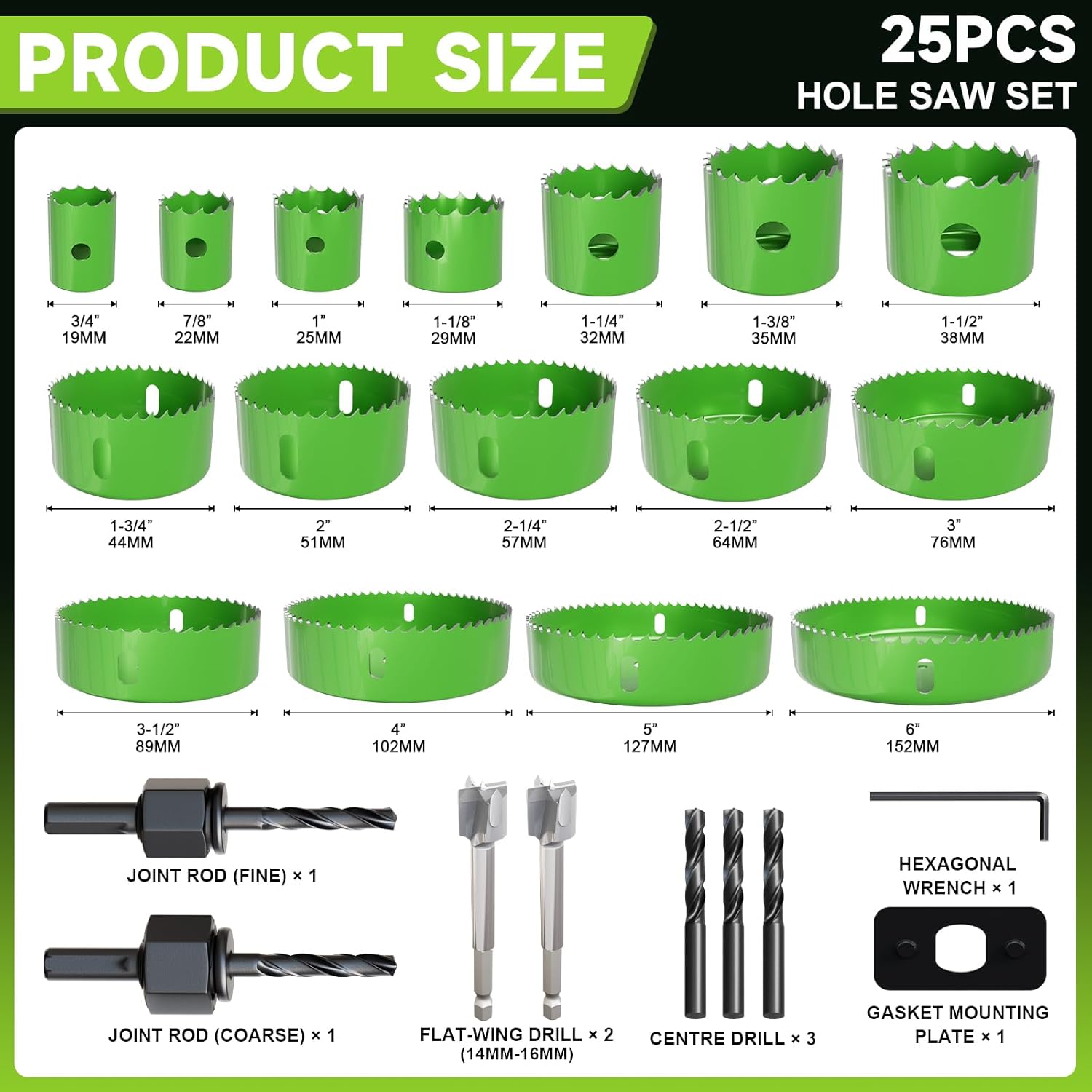 25 Piece Hole Saw Set - High Carbon Steel 19-152mm (3/4" to 6") Blades for Drywall, Softwood, Plastic, and PVC; Professional Grade with Instant Support