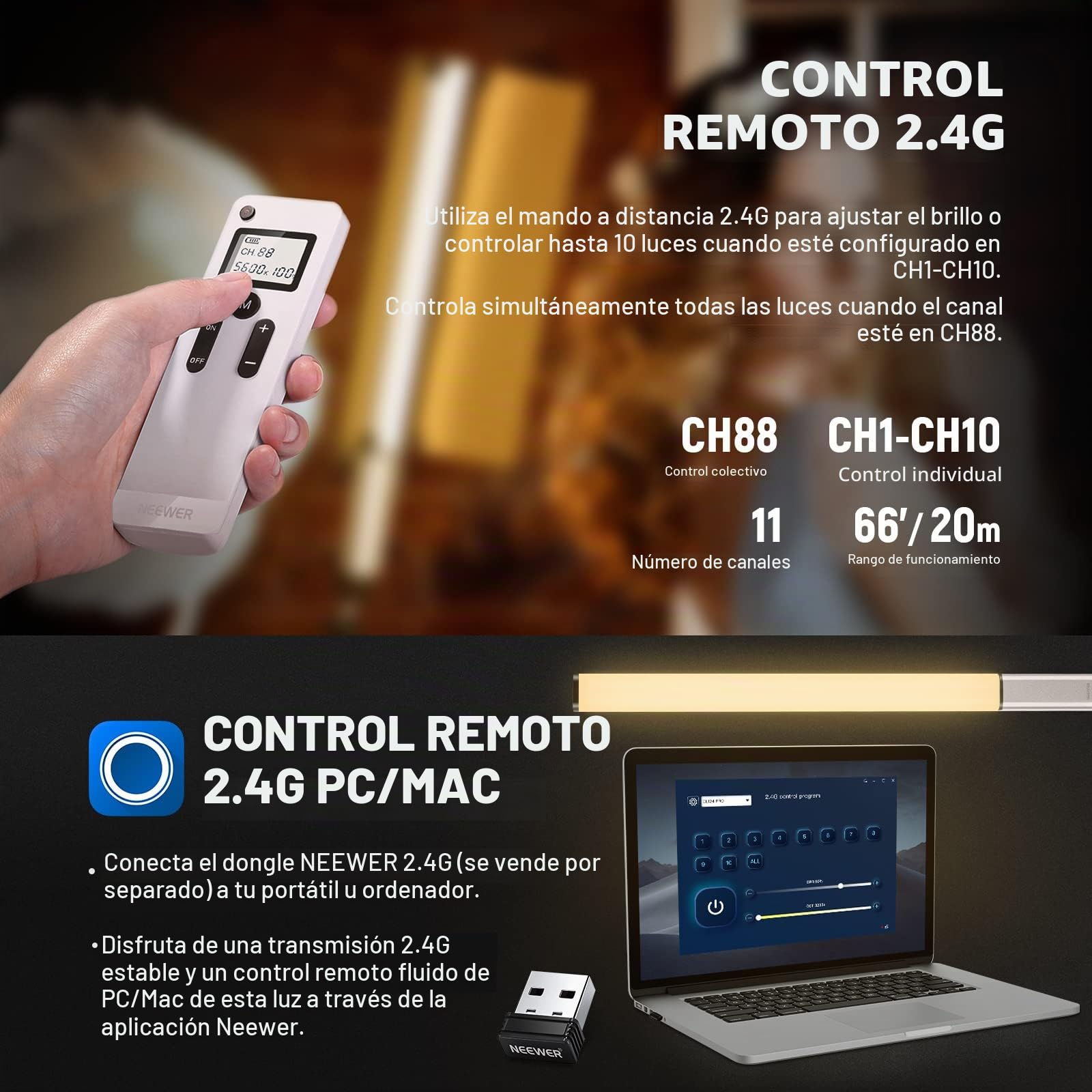 NEEWER CL124 Pro Barra de Luz LED Video, Palo Iluminación Bicolor Fotografía con Batería Mejorada de 7,4V 3200mAh Metal Puerta de Granero 2,4G Pantalla LCD Remota, 1500Lux CRI97+ Regulable 3200K-5600K
