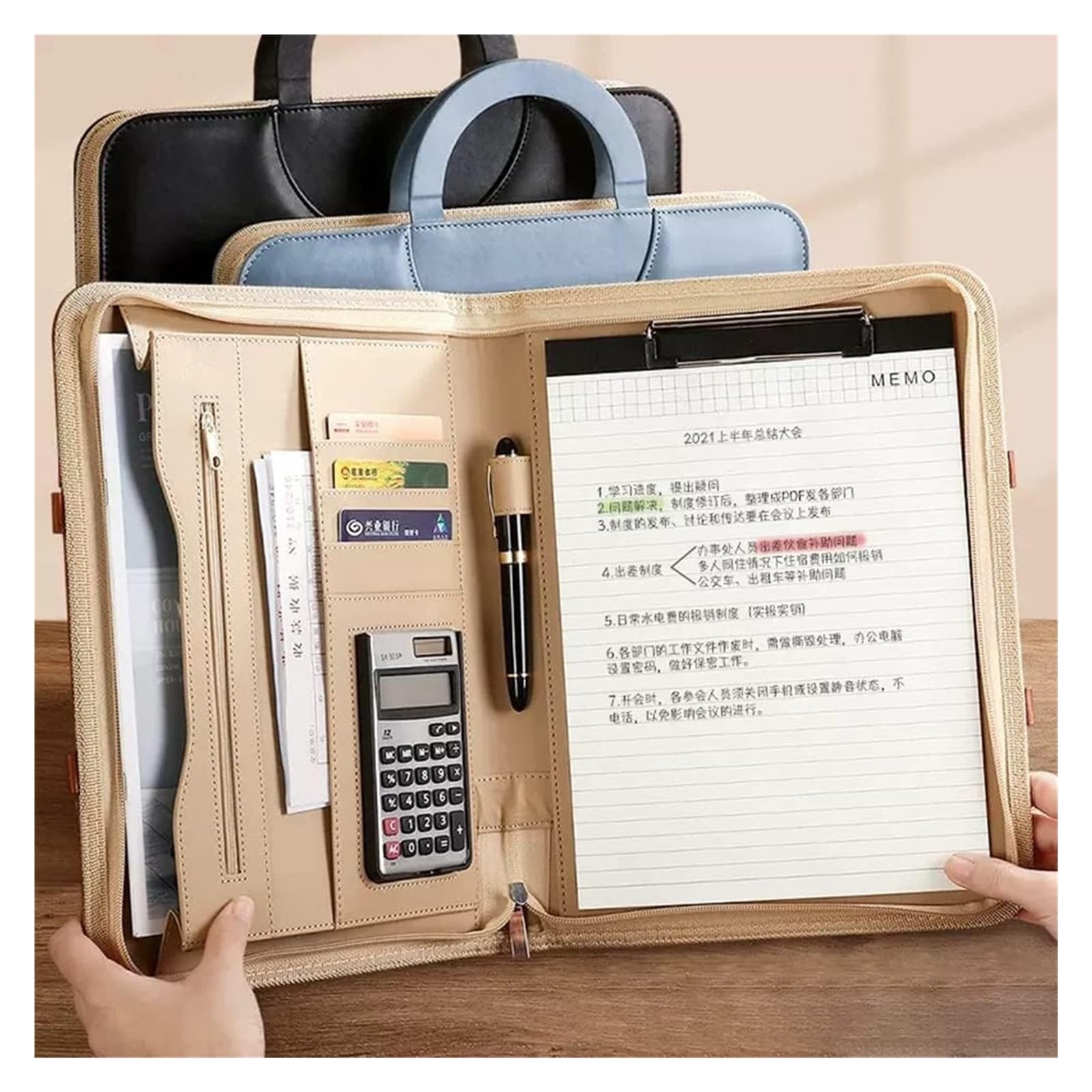 Konferenz-Portfolio-Ordner, Brieftaschen, Portfolios, Ordner, professioneller Reise-Organizer aus Kunstleder mit Griff for Tablet-Dokumente, Ordner, Visitenkarten(Blue)