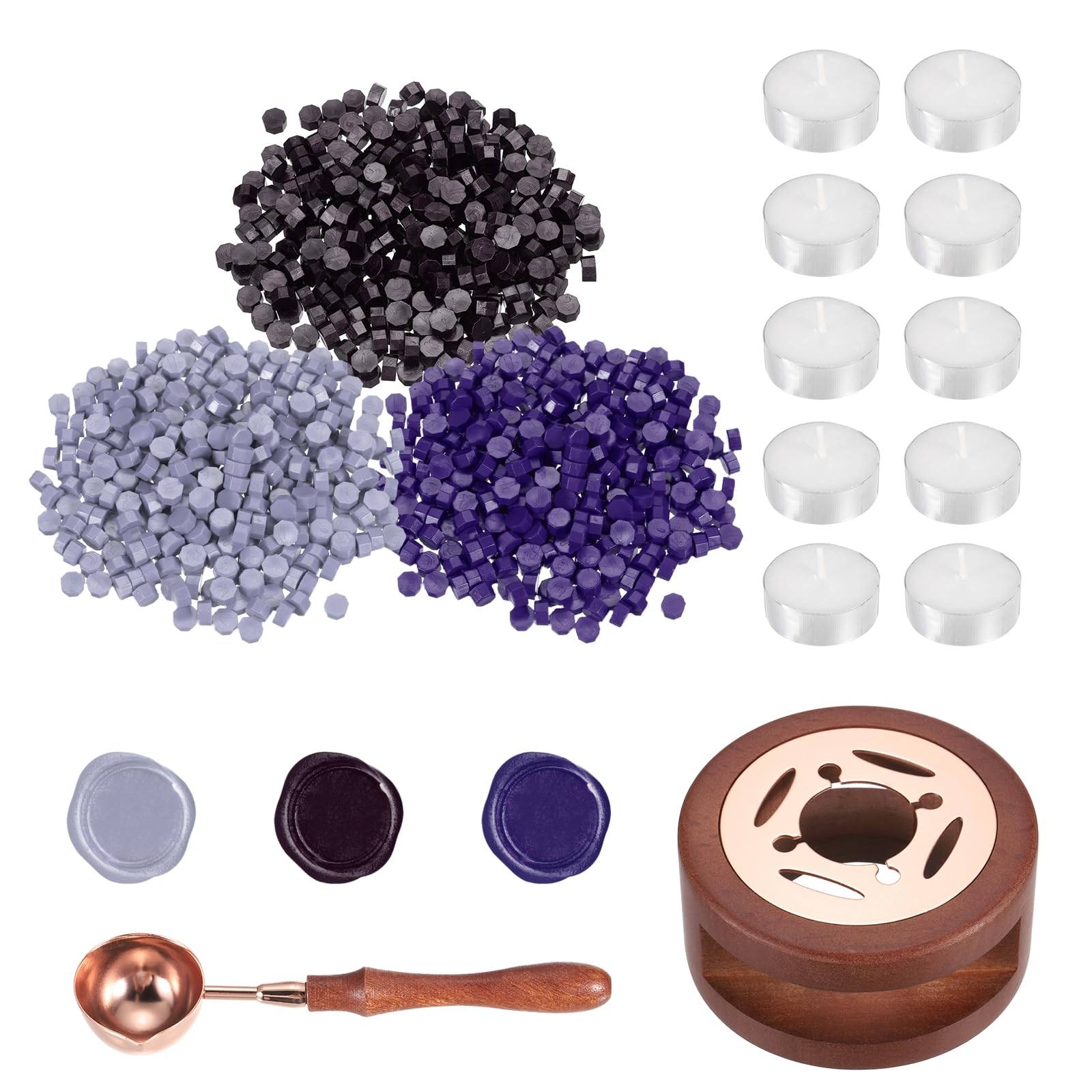 PATIKIL Wax Seal Kit, 300 Pcs Wax Sealing Beads, Wooden Warmer, Melted Spoon, 10 Pcs Tealight Candles for Envelope Letter Mailing Crafts DIY, Wisteria/Purple/Dark Purple