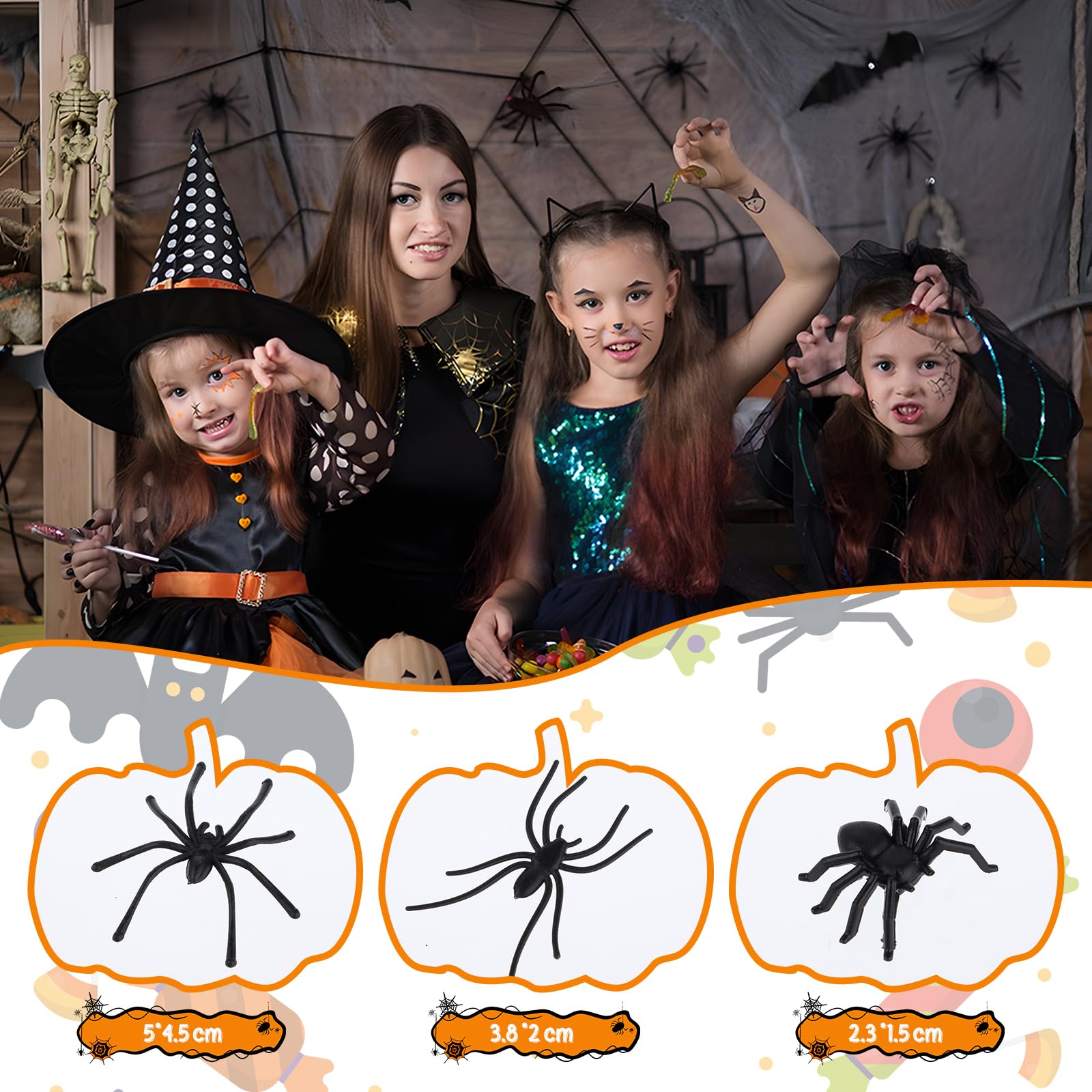 WLLHYF 3 Sizes 120 Pieces Plastic Spiders Mini Fake Tiny Spiders Halloween Realistic Spiders Black Prank Prop for Home and Party Decorations for Adults, 2 x 1.8 Inch, 1.5 x 0.8 Inch, 0.9 x 0.6 Inch - Image 3