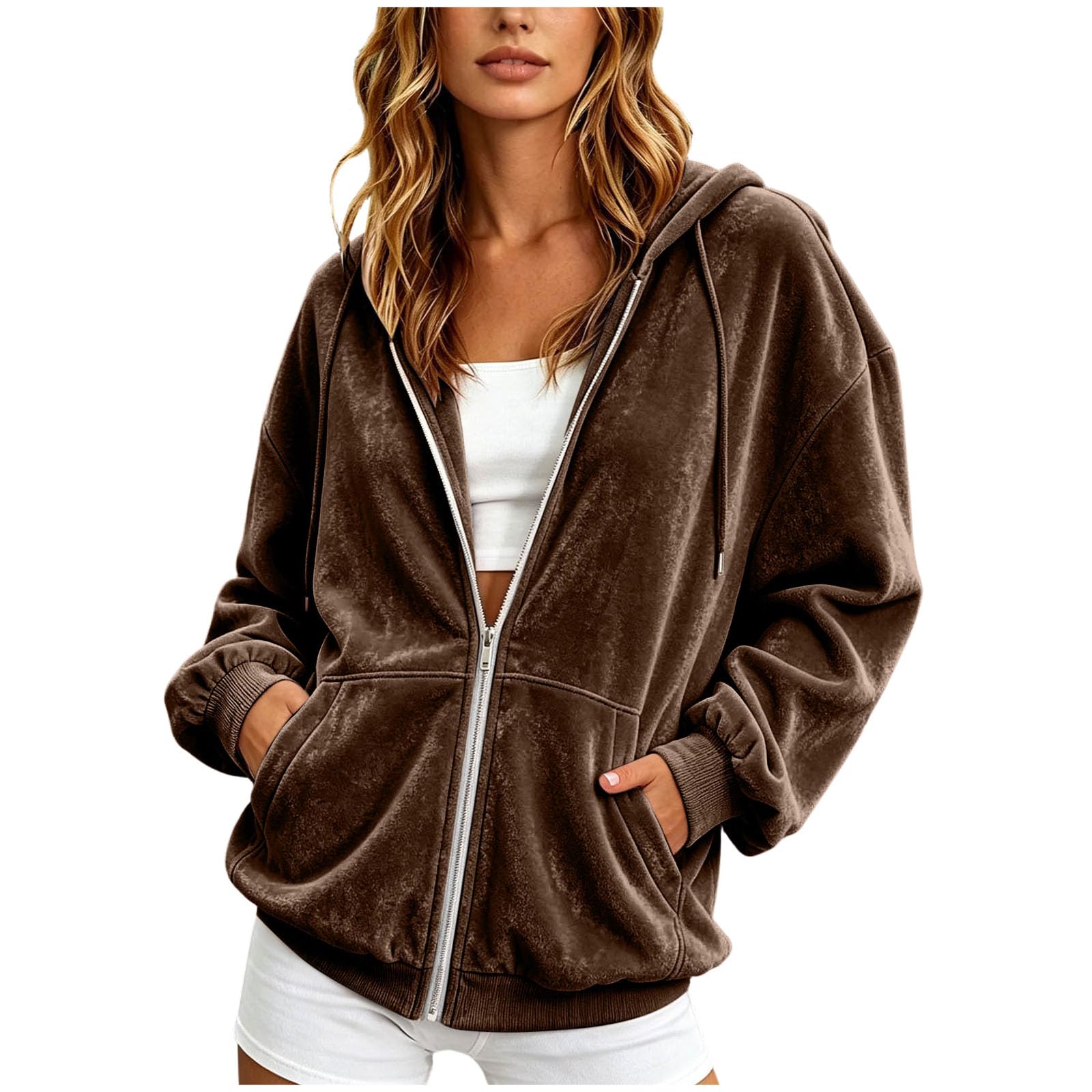 Felpa con Cappuccio in Velluto da Donna per Autunno e Inverno, Cardigan Ampio con Cerniera, Giacca Casual Cappuccio e Cerniera Felpa Grigio