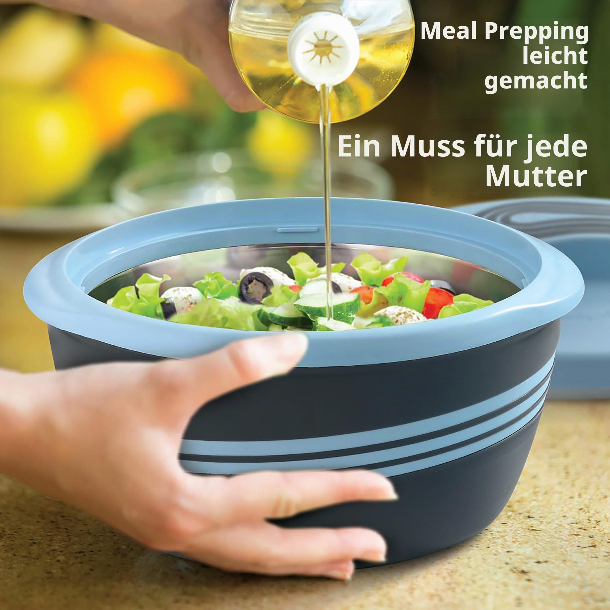 Pinnacle Thermoschüssel mit Deckel 3tlg. Set 2,5 l /1,4 l /0,95 l - Edelstahl - Warmhaltbehälter Essen, Salatschüssel - für Heiße Speisen - Blau