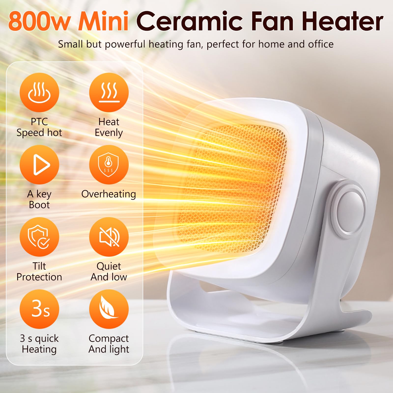 Chauffage Soufflant, PTC Mini Chauffage Electrique Oscillation à 90°, Chauffage électrique avec 2 Modes, Chauffage d'appoint Compact, Portatif Chauffage pour Salon, Chambre et Bureau