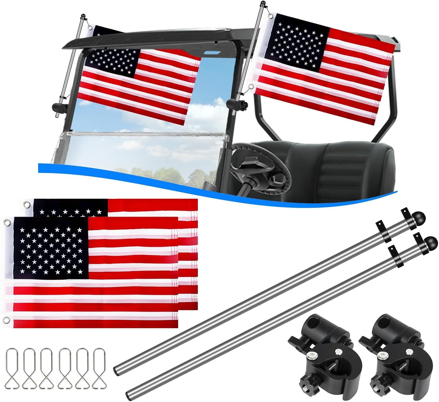 Golf Cart Flag Holder and Flag Pole Kit for Yamaha, EZGO, Club Car, Upgraded Flag Bracket for 0.59-1.18" Round/Oval/Square Rails Golf Carts, Boat, Golf Push Carts, Included USA Flag (22.8”×11.4”) 2PCS