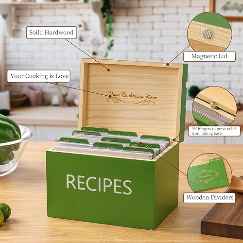 Miniatura 3 de Caja de recetas de madera con tarjetas y separadores de madera, tapa con soporte para teléfono y soporte para tarjetas de recetas, 100 tarjetas de