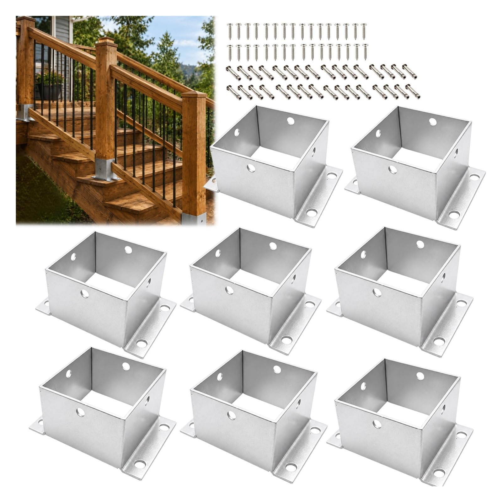 Pack 8 Soporte Poste Resistente Galvanizado con Placas Laterales | Soporte de anclaje poste cuadrado soporte seguro columna, valla/cubierta/pérgola/estructuras(95x95mm/3.7x3.7'')