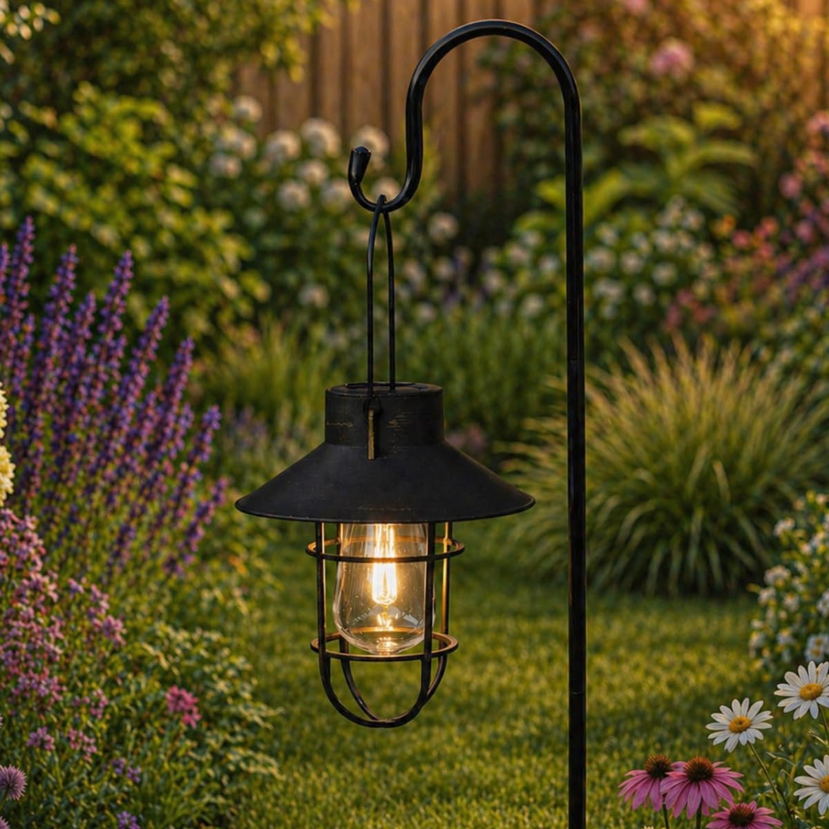 Festive Lights - 71cm Black Solar Fisherman Outdoor Stake Light with Hanging Lantern - Warm White Filament Effect LED, Antique Rustic Metal Look, IP44 Rated, Cage Finish, Integrated Panel