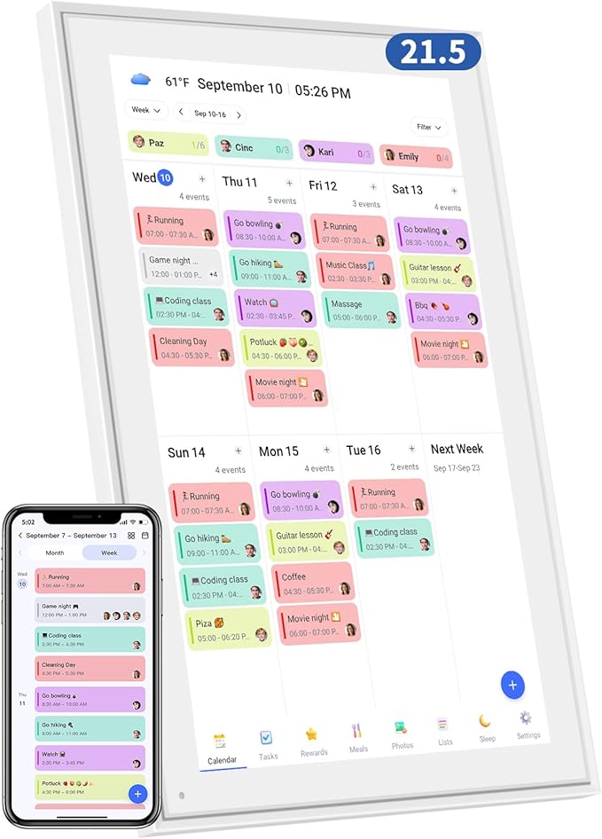 21.5 Inch Digital Calendar, Electronic Chore Chart, Smart Weekly and Monthly Planner 1920 * 1080P IPS Touchscreen Wall and Desk Calendar for Family Schedules, Black