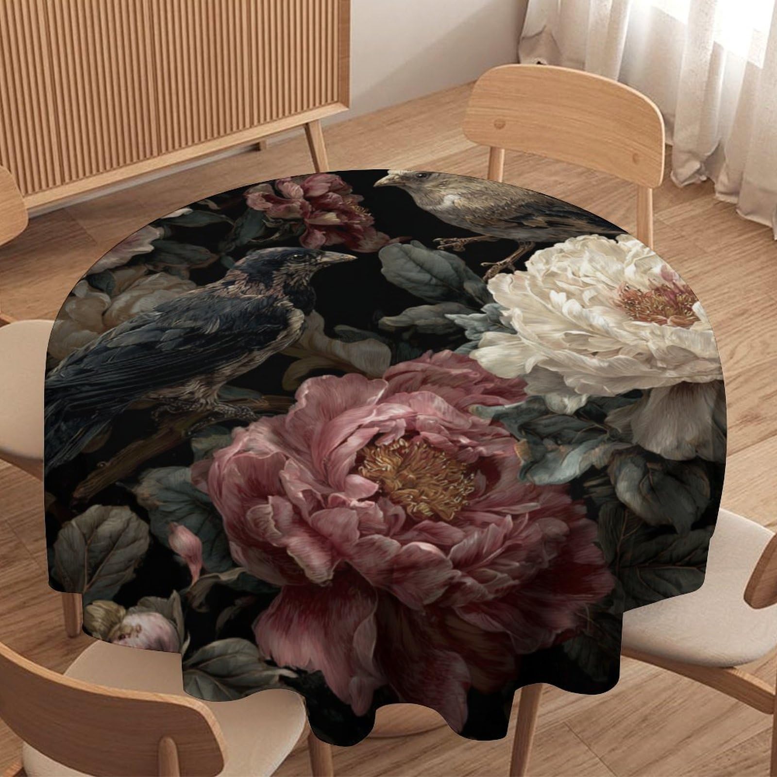 LUYYSKY Classic Aesthetic Wildlife Birds Waterproof Round Tablecloth Antique Abstract Botanical Plant Flowers Animal Bird Print Washable Table Cover for Kitchen-91.4" Wx91.4 L cm