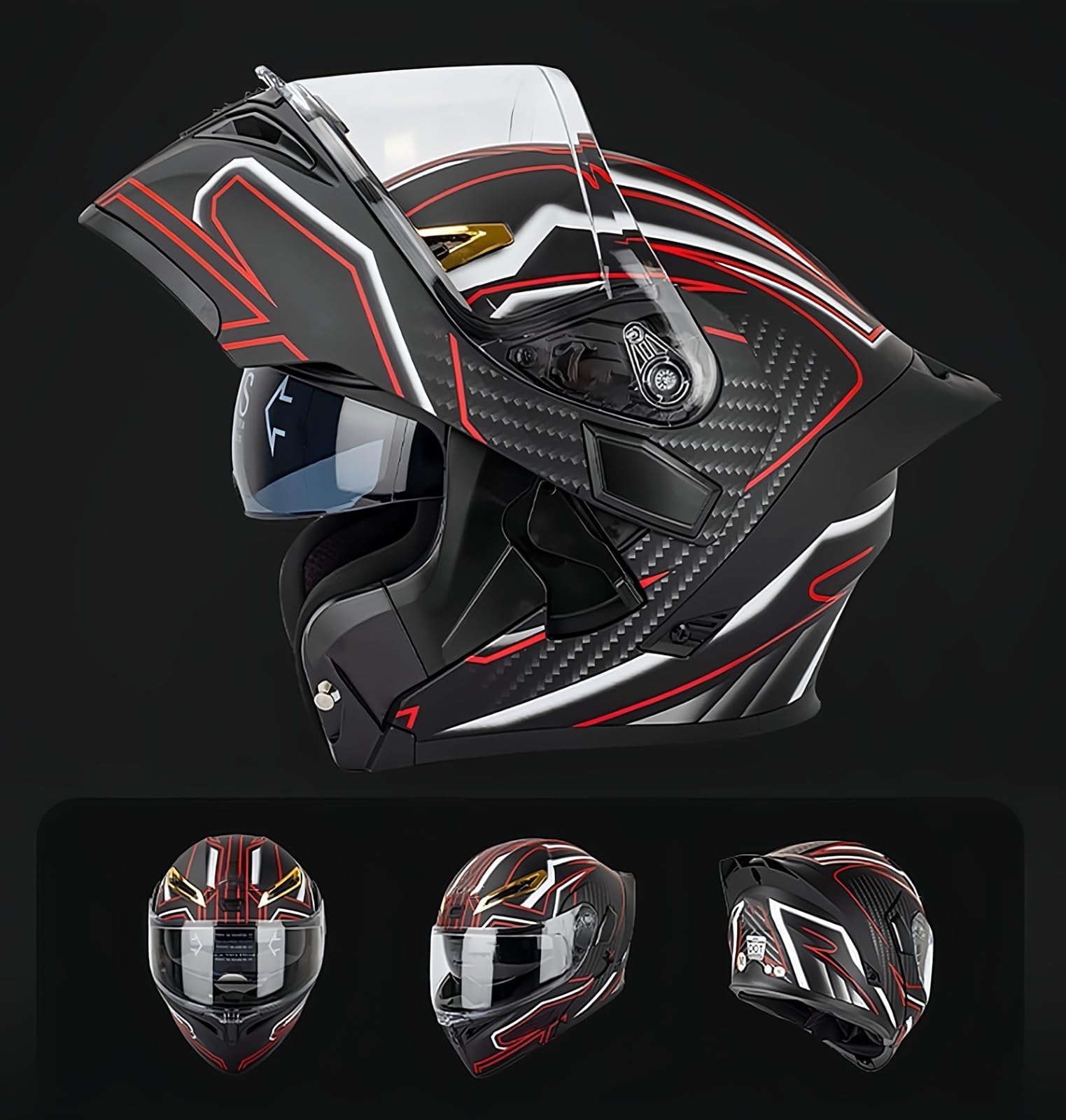 Modularer Motorradhelm Mit Handschuhen Und Gesichtsschutz, ECE-Geprüfter Helm, Klapphelm, Motorradhelm Für Erwachsene Mit Doppelvisier Für Männer Und Frauen Q,XL:61-62CM