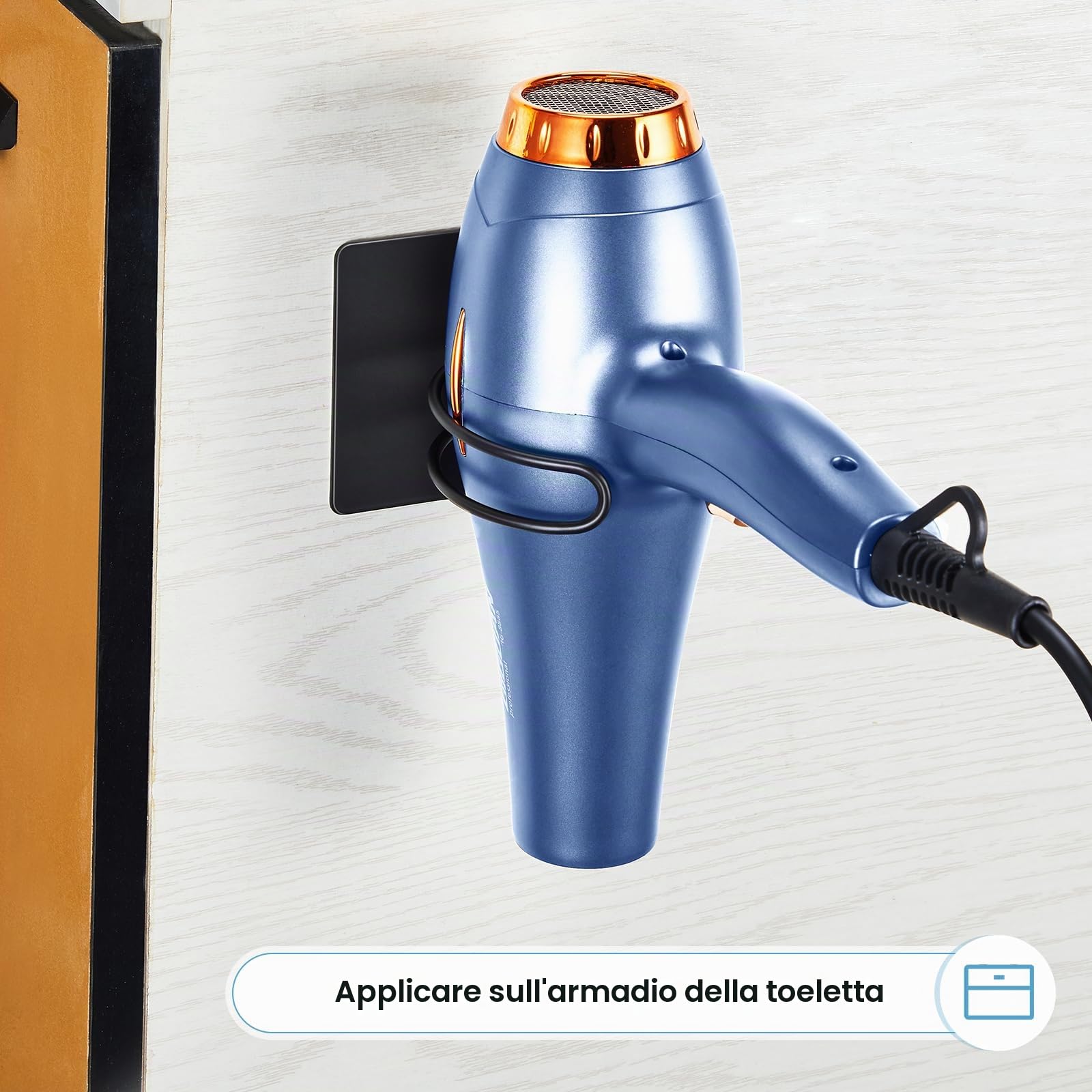 Porta Phon da Muro, porta Asciugacapelli Adesivo, Supporto Phon, porta Phone Bagno da Muro, Supporto Asciugacapelli, Nero